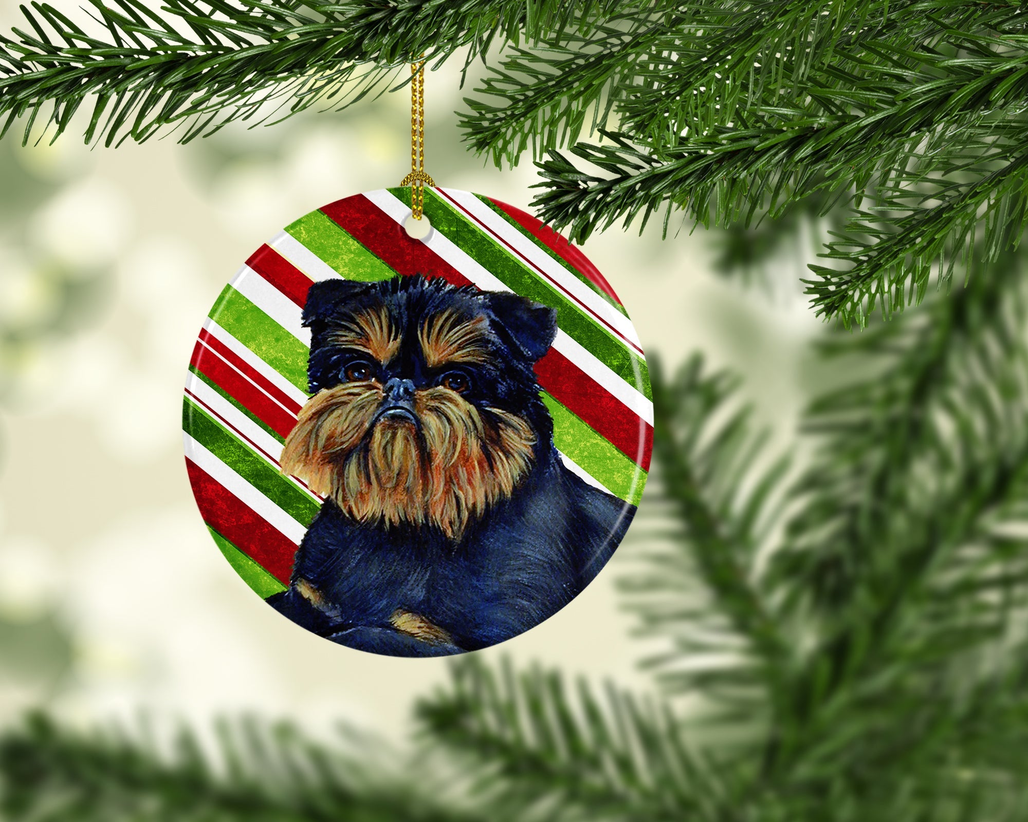 Brussels Griffon Candy Cane Holiday Christmas Ceramic Ornament Christmas Tree Hanging Decorations for Home Christmas Holiday, Party, Gift, 3 in, Multicolor