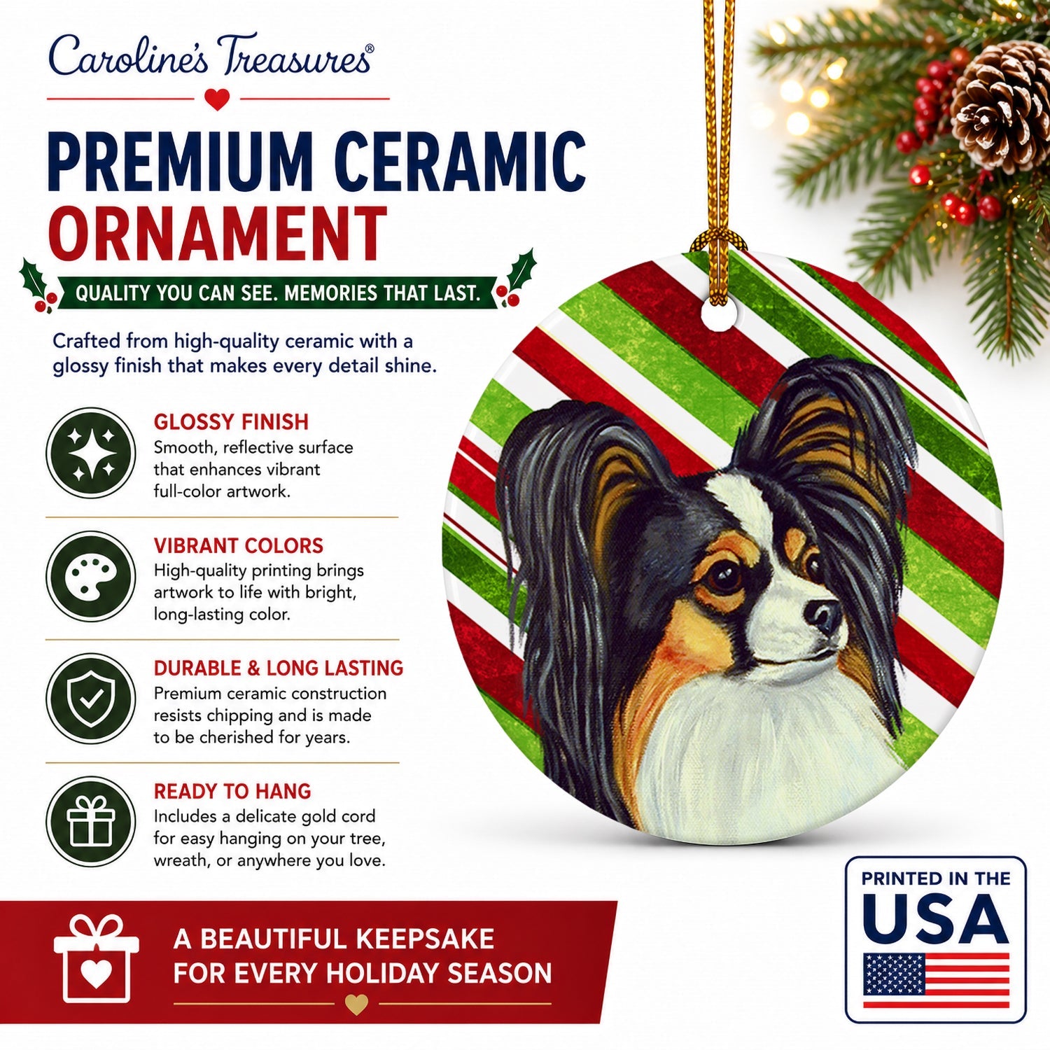 Papillon Candy Cane Holiday Christmas Ceramic Ornament Christmas Tree Hanging Decorations for Home Christmas Holiday, Party, Gift, 3 in, Multicolor