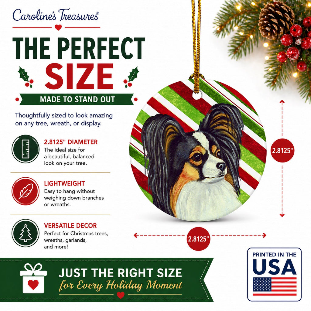 Papillon Candy Cane Holiday Christmas Ceramic Ornament Christmas Tree Hanging Decorations for Home Christmas Holiday, Party, Gift, 3 in, Multicolor
