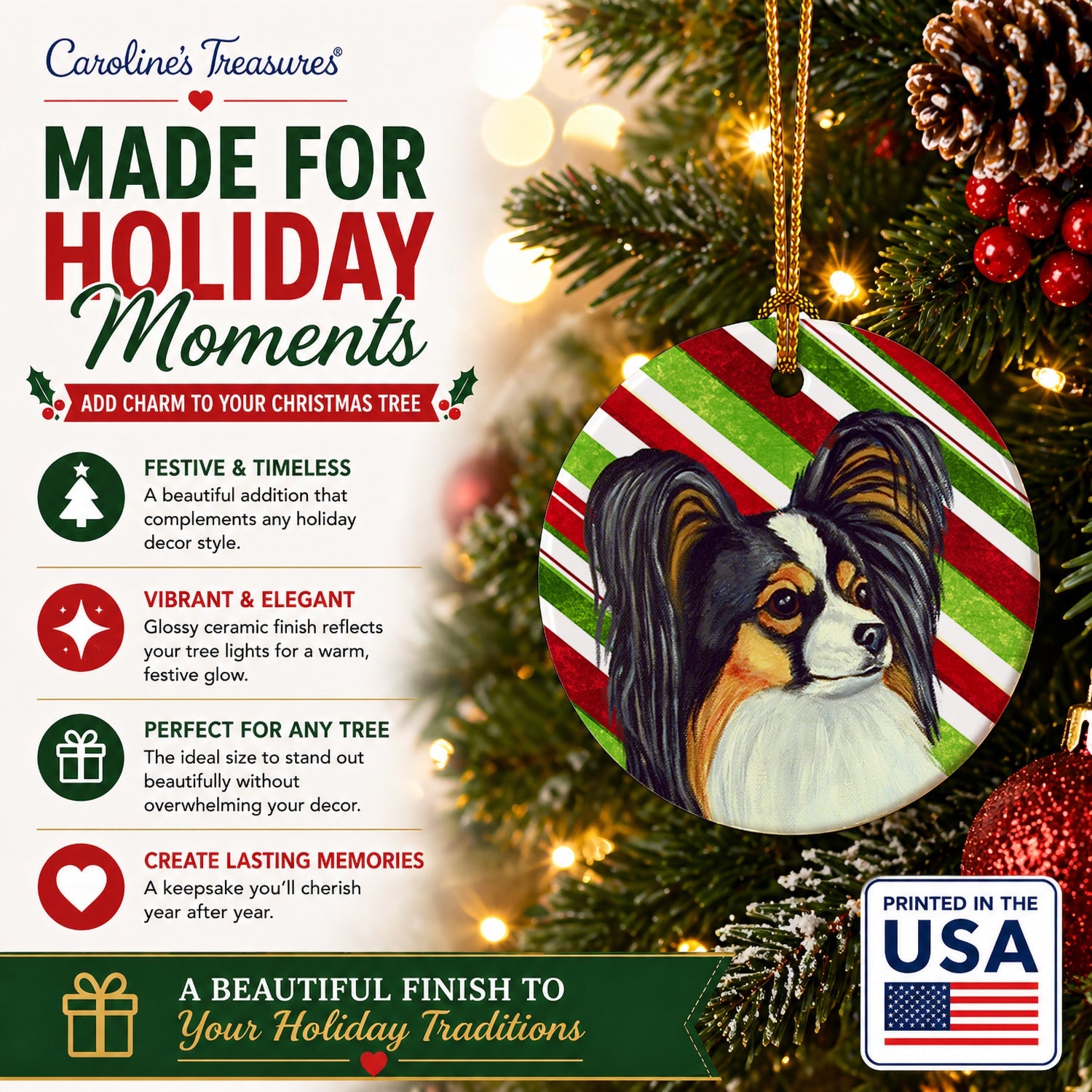 Papillon Candy Cane Holiday Christmas Ceramic Ornament Christmas Tree Hanging Decorations for Home Christmas Holiday, Party, Gift, 3 in, Multicolor