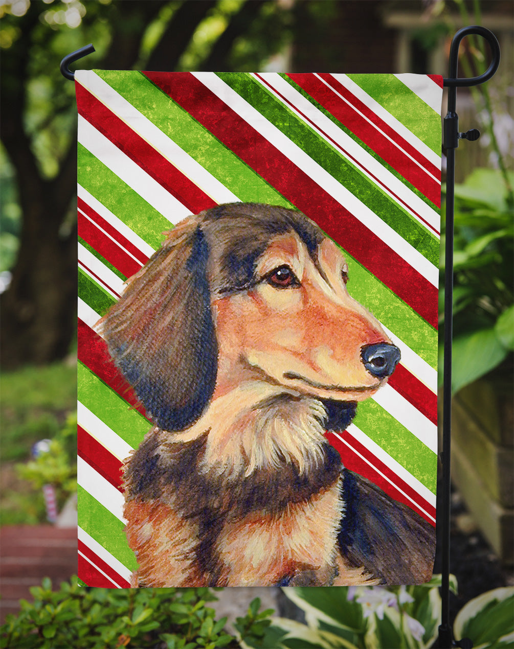 Dachshund Candy Cane Holiday Christmas Garden Flag Mailbox Decorative Yard Banner Outside Patio Artwork for Flower Beds, Garden Size, Multicolor