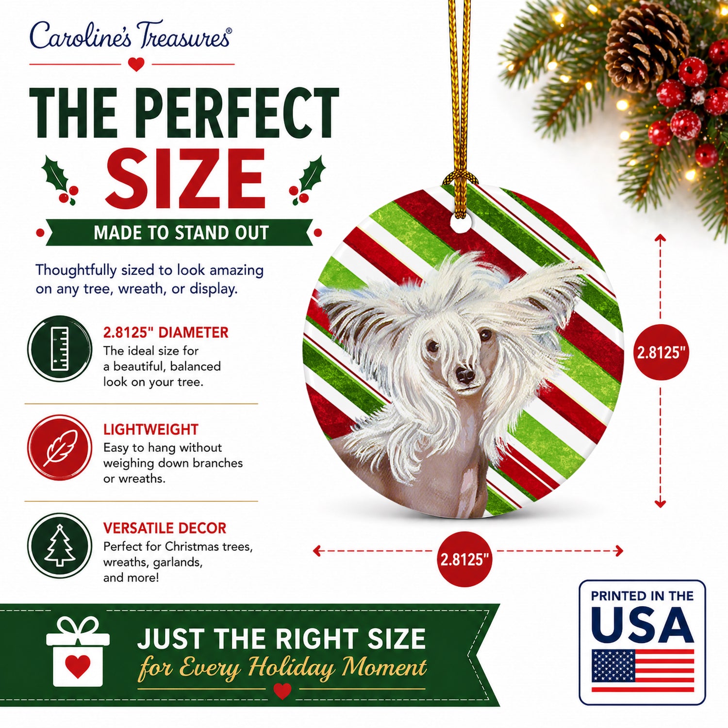 Chinese Crested Candy Cane Holiday Christmas Ceramic Ornament Christmas Tree Hanging Decorations for Home Christmas Holiday, Party, Gift, 3 in, Multicolor