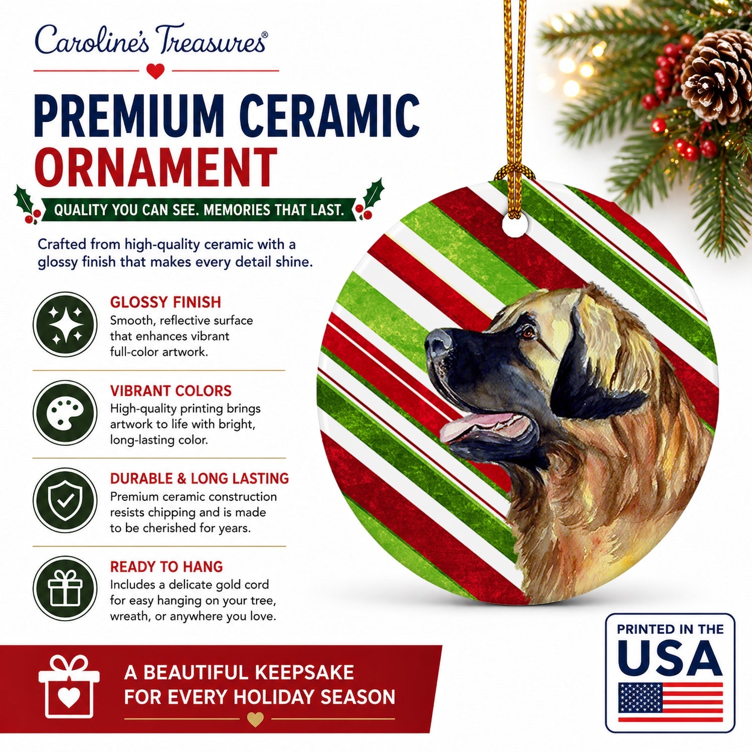 Leonberger Candy Cane Holiday Christmas Ceramic Ornament Christmas Tree Hanging Decorations for Home Christmas Holiday, Party, Gift, 3 in, Multicolor