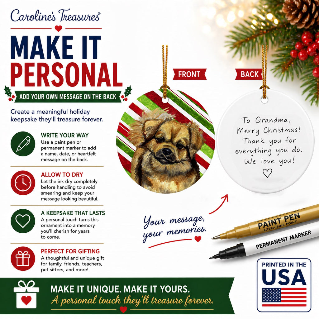 Tibetan Spaniel Candy Cane Holiday Christmas Ceramic Ornament Christmas Tree Hanging Decorations for Home Christmas Holiday, Party, Gift, 3 in, Multicolor
