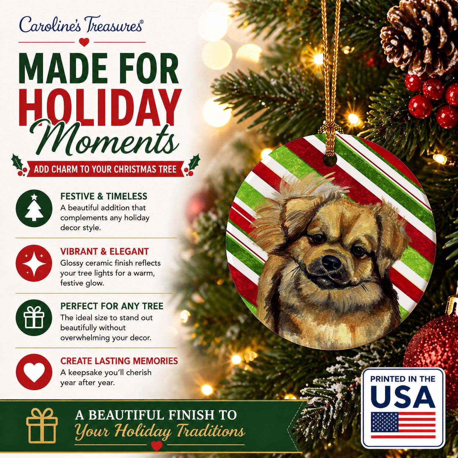 Tibetan Spaniel Candy Cane Holiday Christmas Ceramic Ornament Christmas Tree Hanging Decorations for Home Christmas Holiday, Party, Gift, 3 in, Multicolor