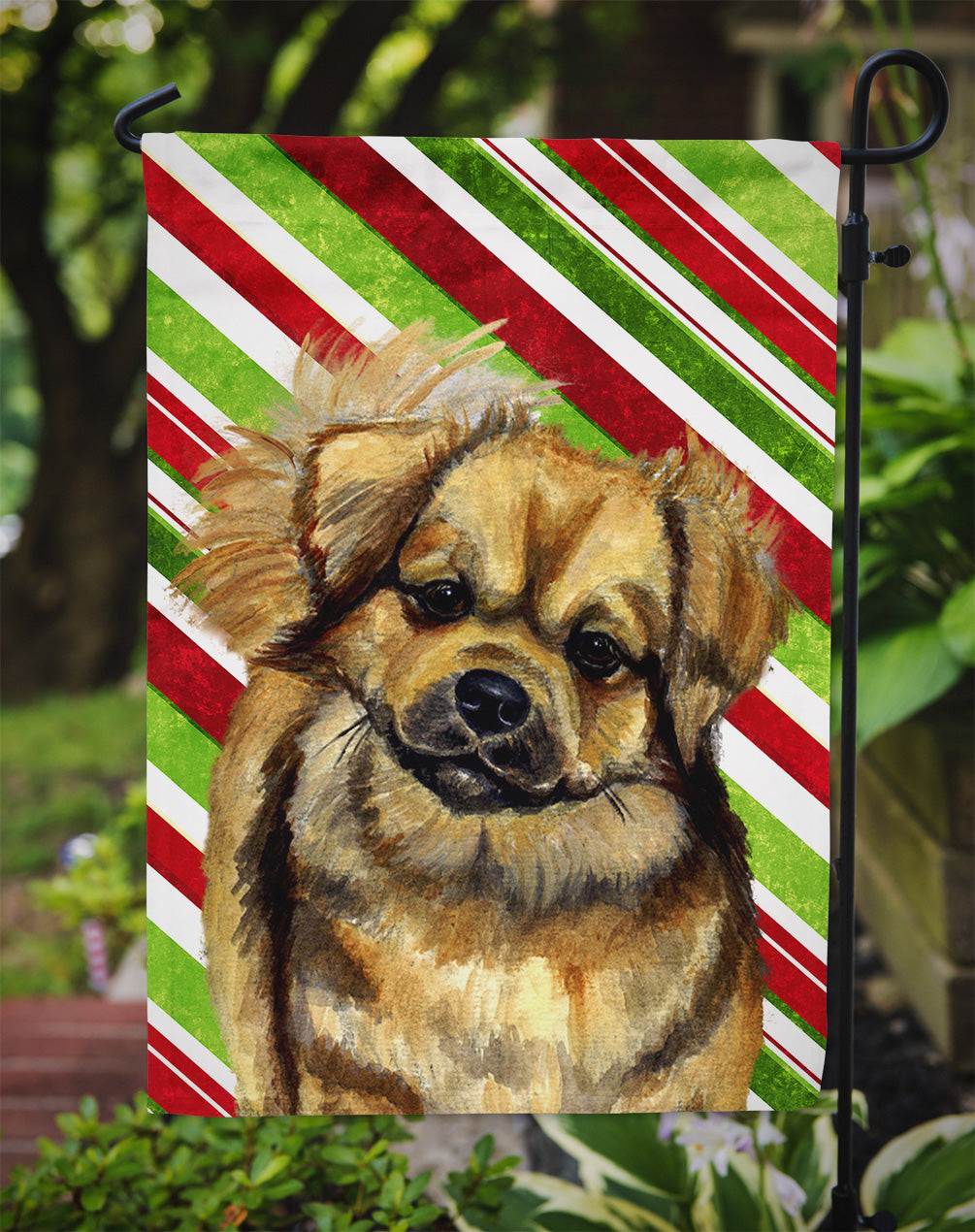 Tibetan Spaniel Candy Cane Holiday Christmas Garden Flag Mailbox Decorative Yard Banner Outside Patio Artwork for Flower Beds, Garden Size, Multicolor
