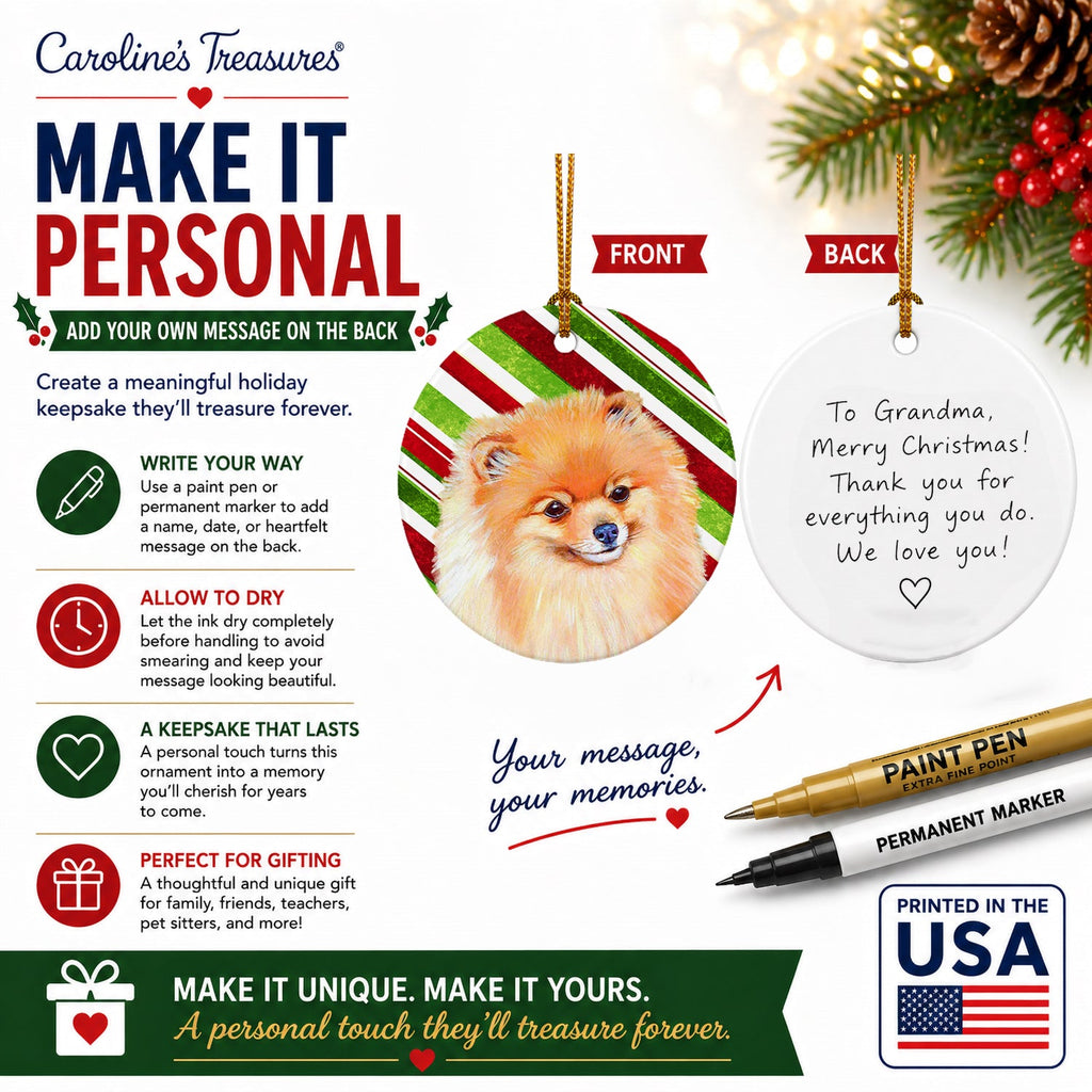 Pomeranian Candy Cane Holiday Christmas Ceramic Ornament Christmas Tree Hanging Decorations for Home Christmas Holiday, Party, Gift, 3 in, Multicolor