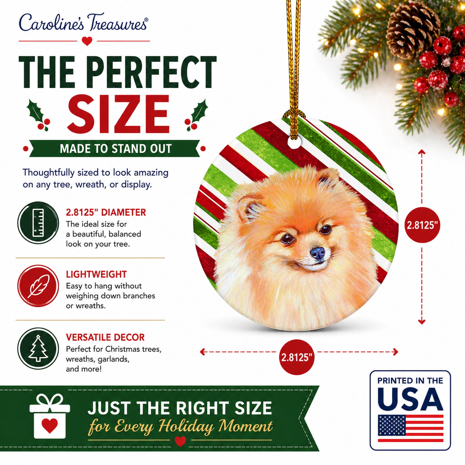 Pomeranian Candy Cane Holiday Christmas Ceramic Ornament Christmas Tree Hanging Decorations for Home Christmas Holiday, Party, Gift, 3 in, Multicolor