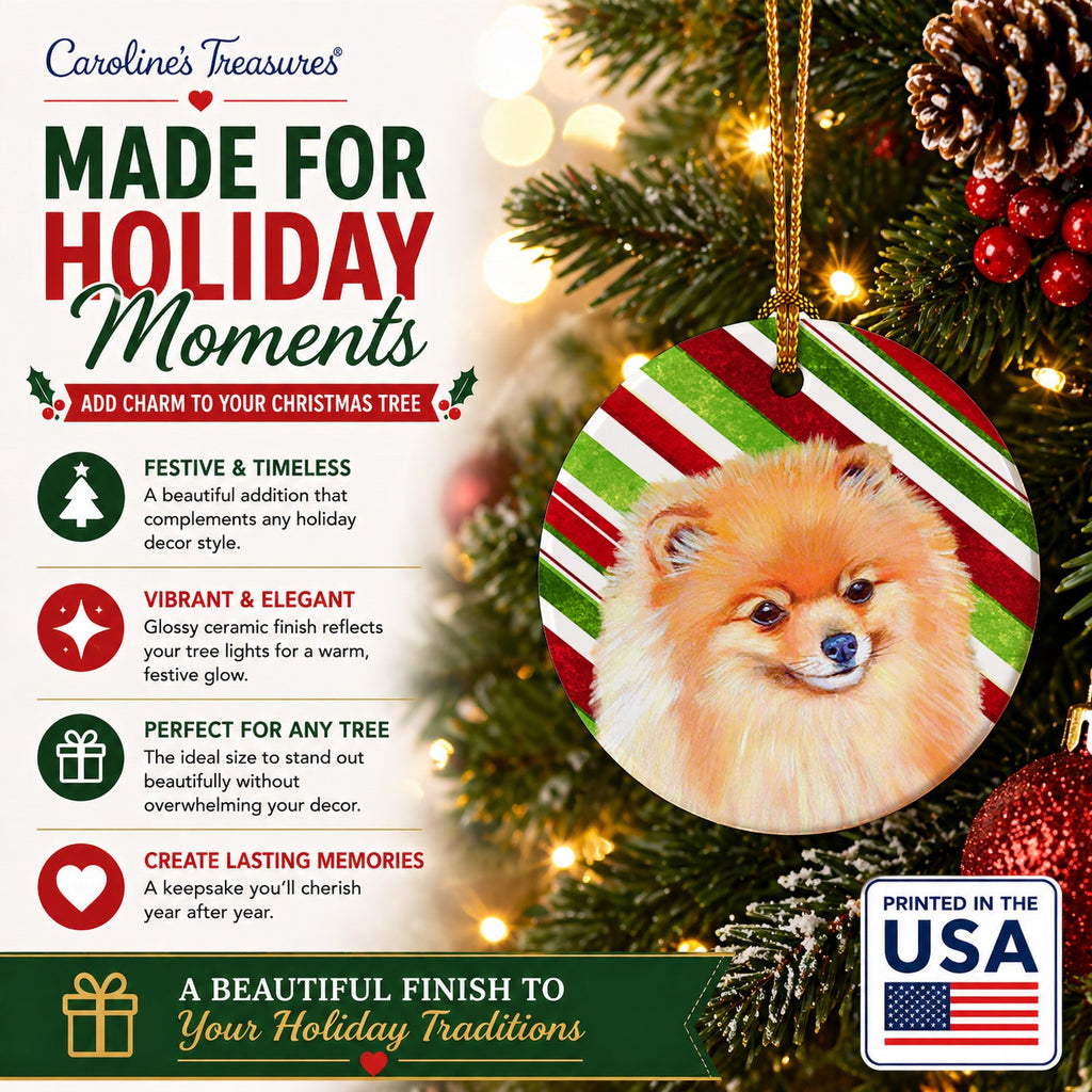 Pomeranian Candy Cane Holiday Christmas Ceramic Ornament Christmas Tree Hanging Decorations for Home Christmas Holiday, Party, Gift, 3 in, Multicolor