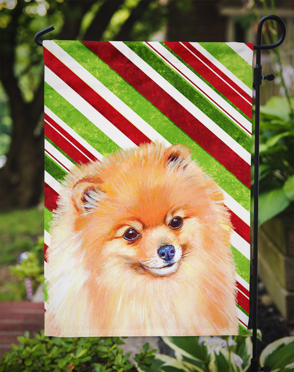 Pomeranian Candy Cane Holiday Christmas Garden Flag Mailbox Decorative Yard Banner Outside Patio Artwork for Flower Beds, Garden Size, Multicolor