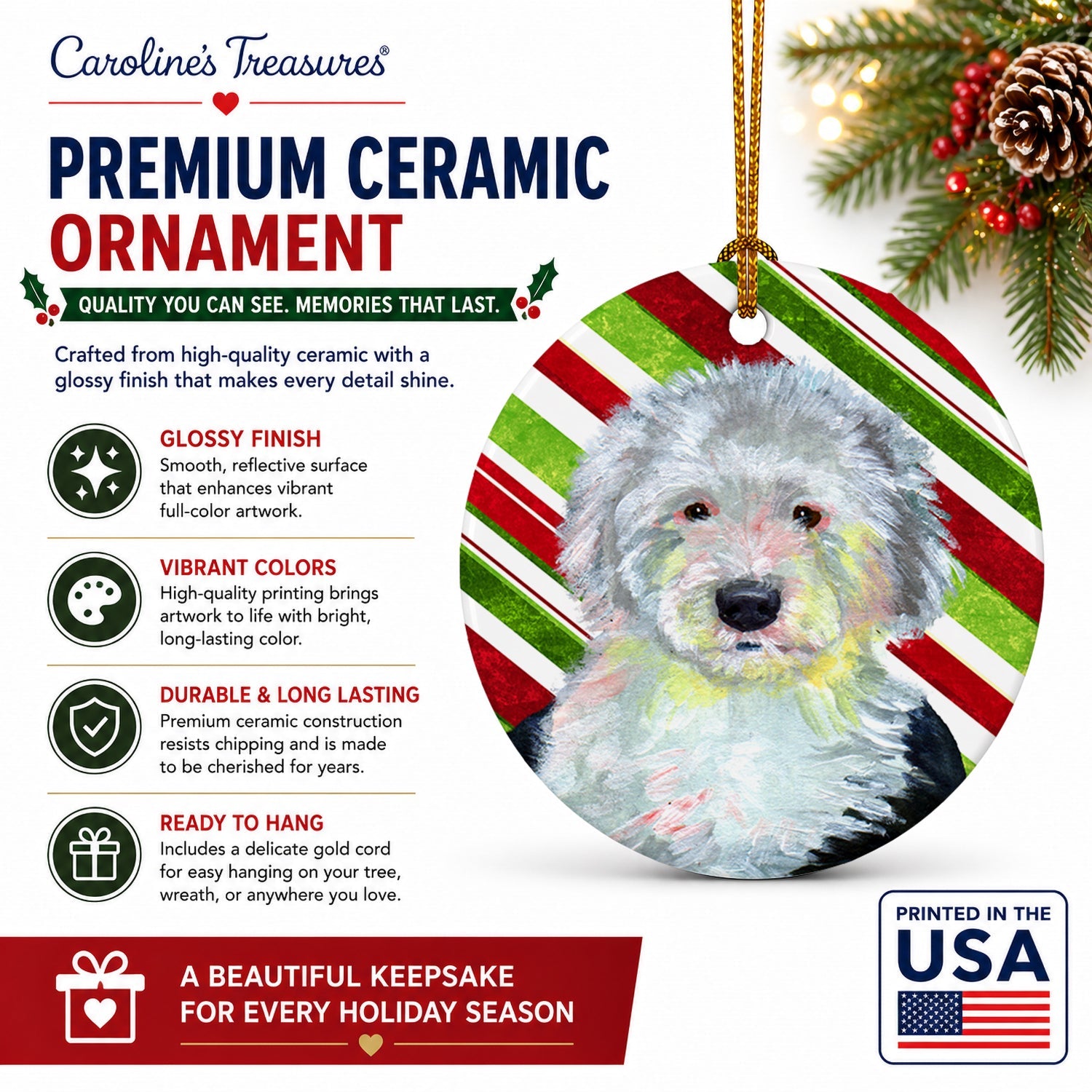 Old English Sheepdog Candy Cane Holiday Christmas Ceramic Ornament Christmas Tree Hanging Decorations for Home Christmas Holiday, Party, Gift, 3 in, Multicolor