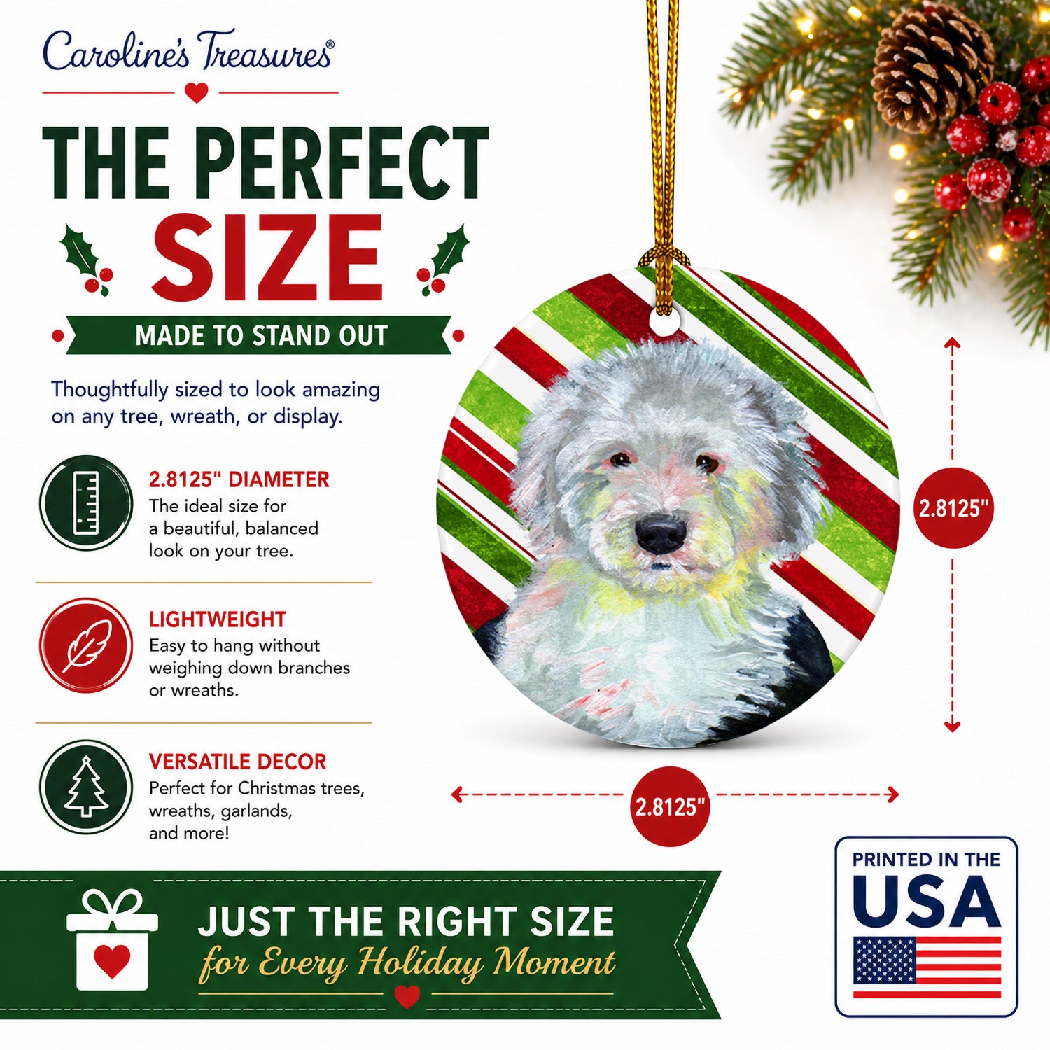 Old English Sheepdog Candy Cane Holiday Christmas Ceramic Ornament Christmas Tree Hanging Decorations for Home Christmas Holiday, Party, Gift, 3 in, Multicolor