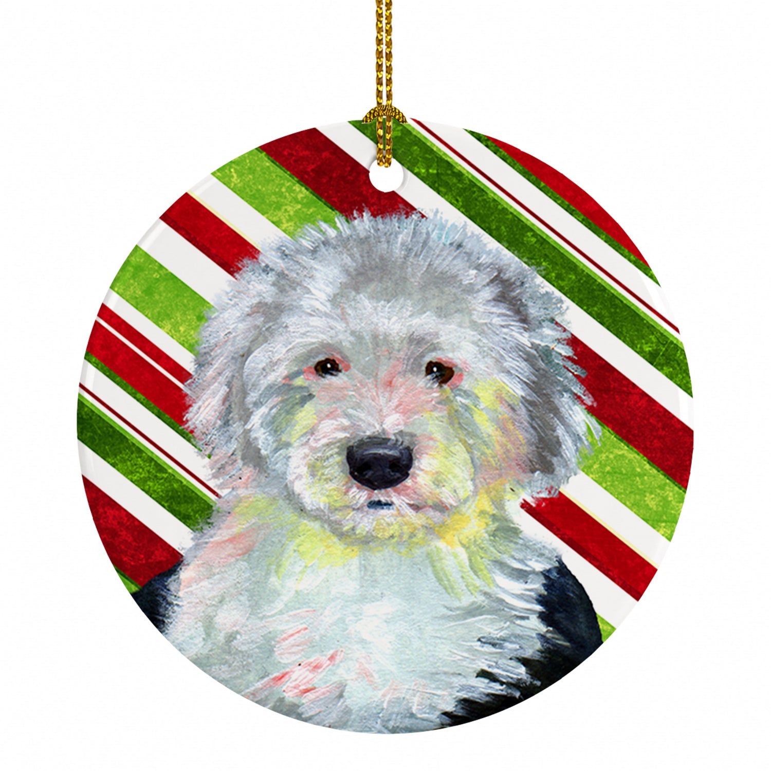 Old English Sheepdog Candy Cane Holiday Christmas Ceramic Ornament Christmas Tree Hanging Decorations for Home Christmas Holiday, Party, Gift, 3 in, Multicolor