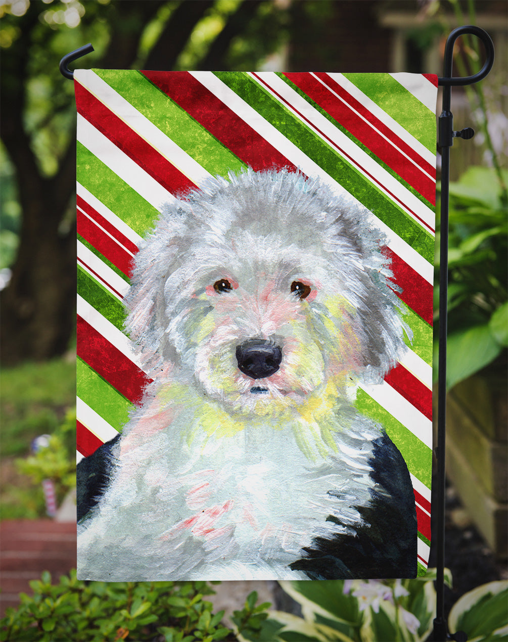 Old English Sheepdog Candy Cane Holiday Christmas Garden Flag Mailbox Decorative Yard Banner Outside Patio Artwork for Flower Beds, Garden Size, Multicolor