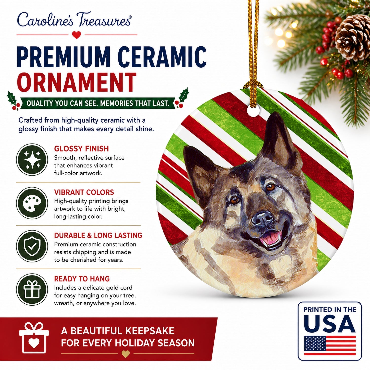 Norwegian Elkhound Candy Cane Holiday Christmas Ceramic Ornament Christmas Tree Hanging Decorations for Home Christmas Holiday, Party, Gift, 3 in, Multicolor