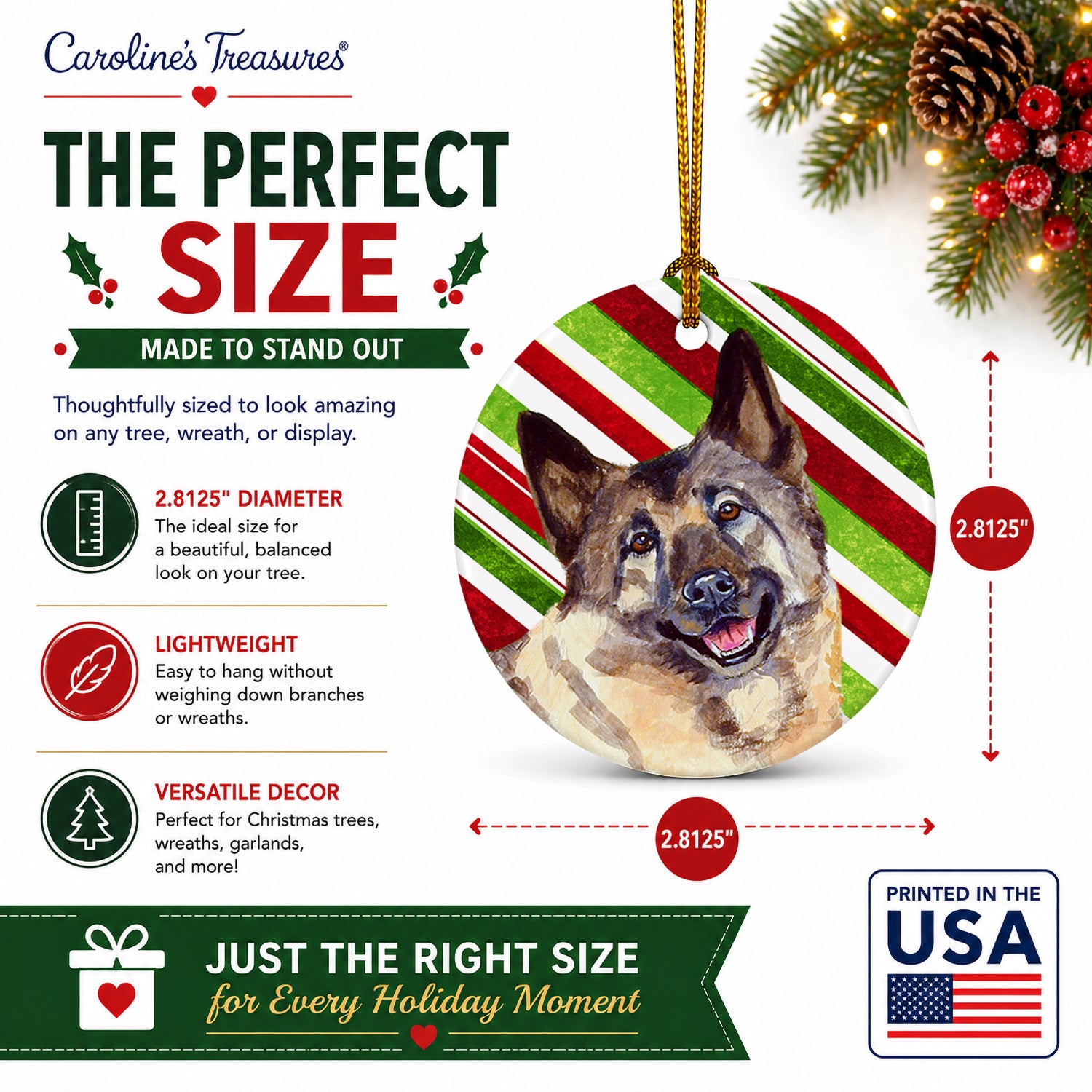 Norwegian Elkhound Candy Cane Holiday Christmas Ceramic Ornament Christmas Tree Hanging Decorations for Home Christmas Holiday, Party, Gift, 3 in, Multicolor