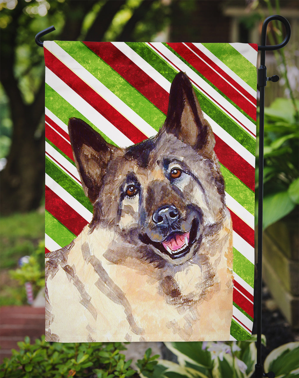 Norwegian Elkhound Candy Cane Holiday Christmas Garden Flag Mailbox Decorative Yard Banner Outside Patio Artwork for Flower Beds, Garden Size, Multicolor