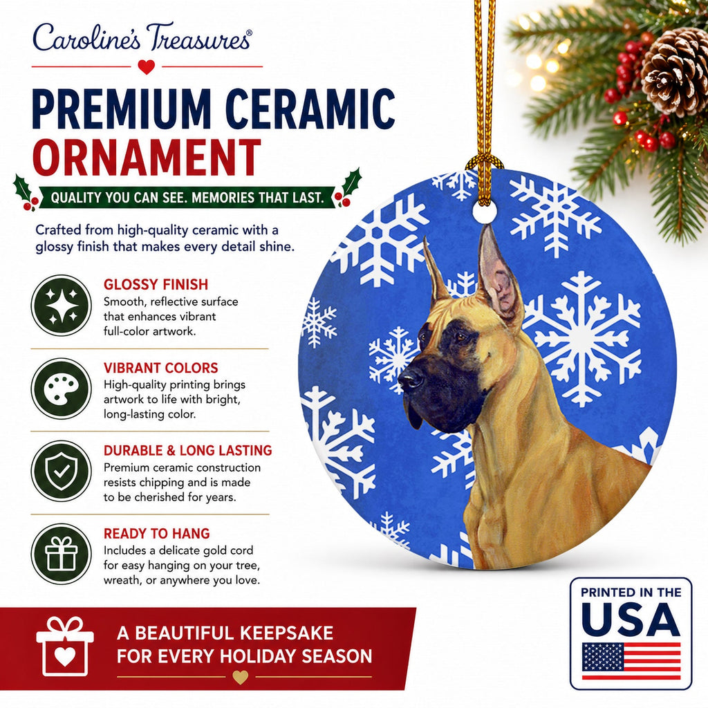 Great Dane Winter Snowflakes Holiday Ceramic Ornament Christmas Tree Hanging Decorations for Home Christmas Holiday, Party, Gift, 3 in, Multicolor