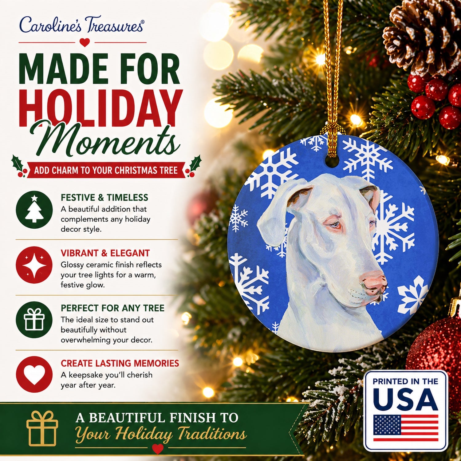 Great Dane Winter Snowflakes Holiday Ceramic Ornament Christmas Tree Hanging Decorations for Home Christmas Holiday, Party, Gift, 3 in, Multicolor
