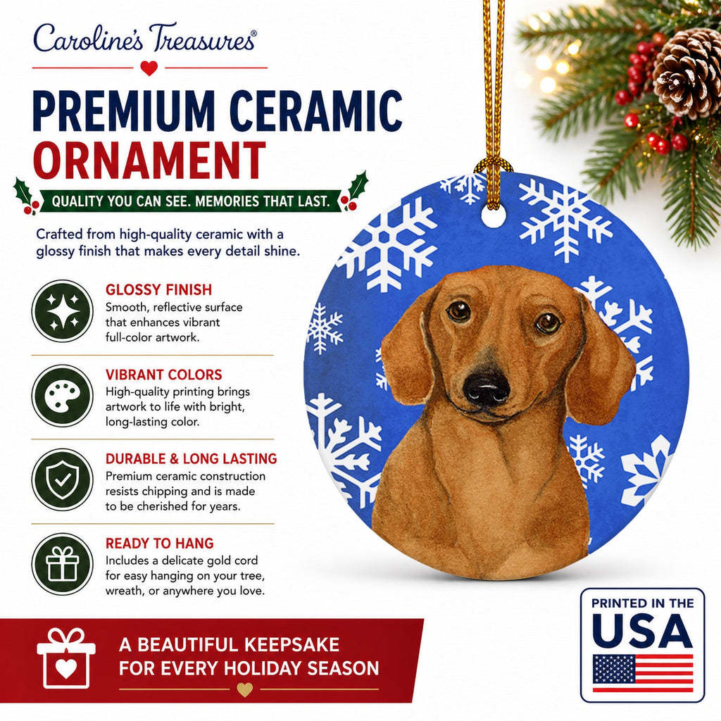 Dachshund Winter Snowflakes Holiday Ceramic Ornament Christmas Tree Hanging Decorations for Home Christmas Holiday, Party, Gift, 3 in, Multicolor