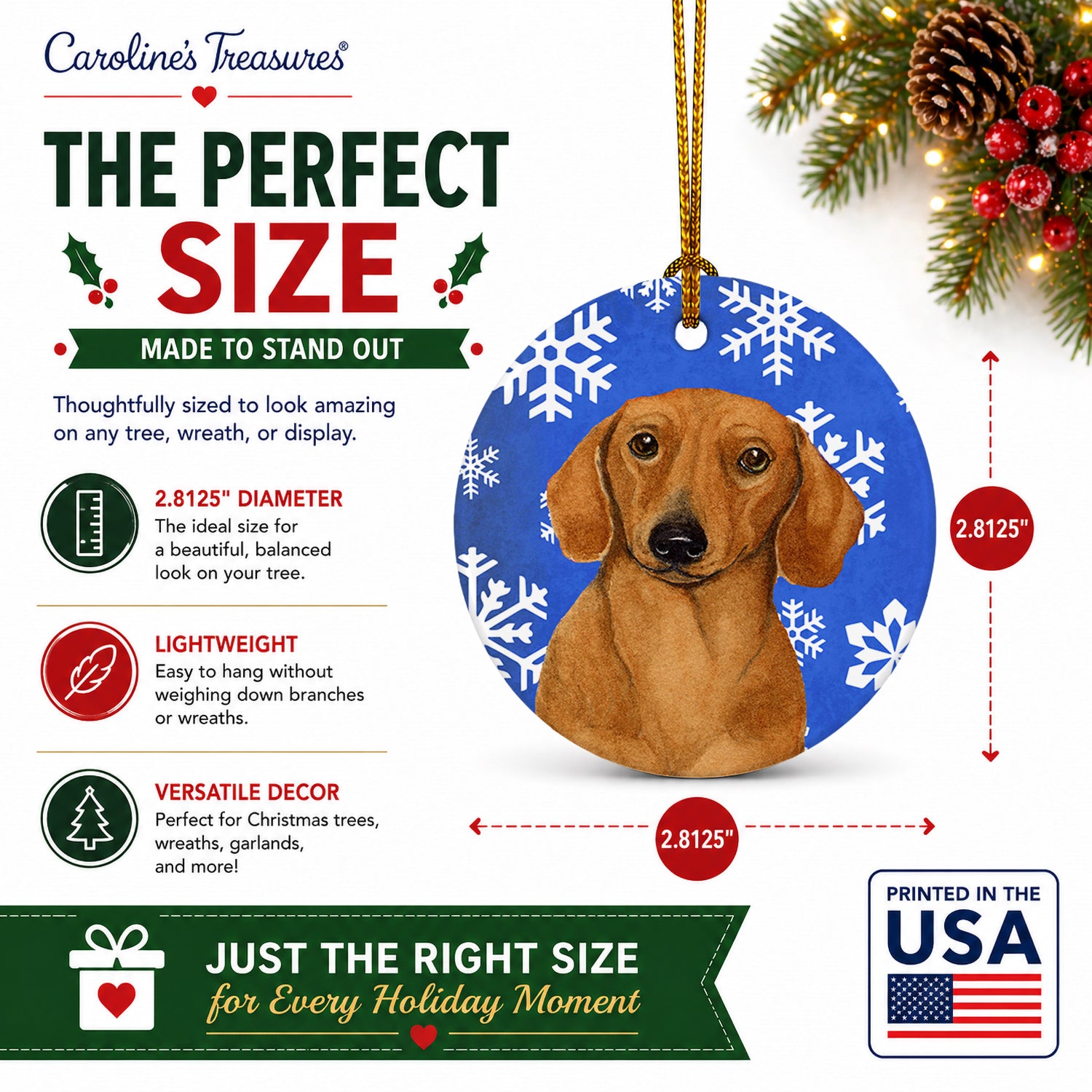 Dachshund Winter Snowflakes Holiday Ceramic Ornament Christmas Tree Hanging Decorations for Home Christmas Holiday, Party, Gift, 3 in, Multicolor