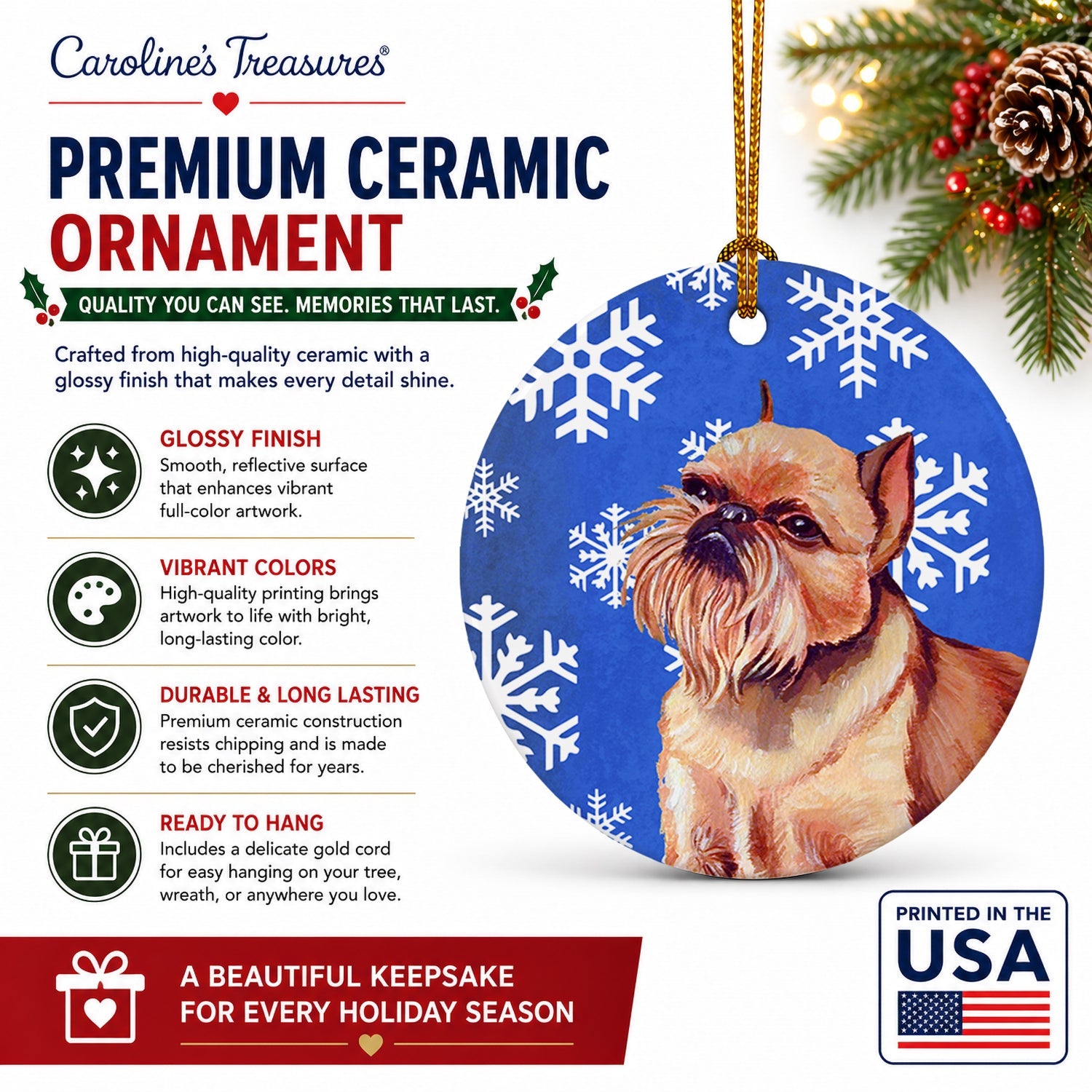 Brussels Griffon Winter Snowflakes Holiday Ceramic Ornament Christmas Tree Hanging Decorations for Home Christmas Holiday, Party, Gift, 3 in, Multicolor
