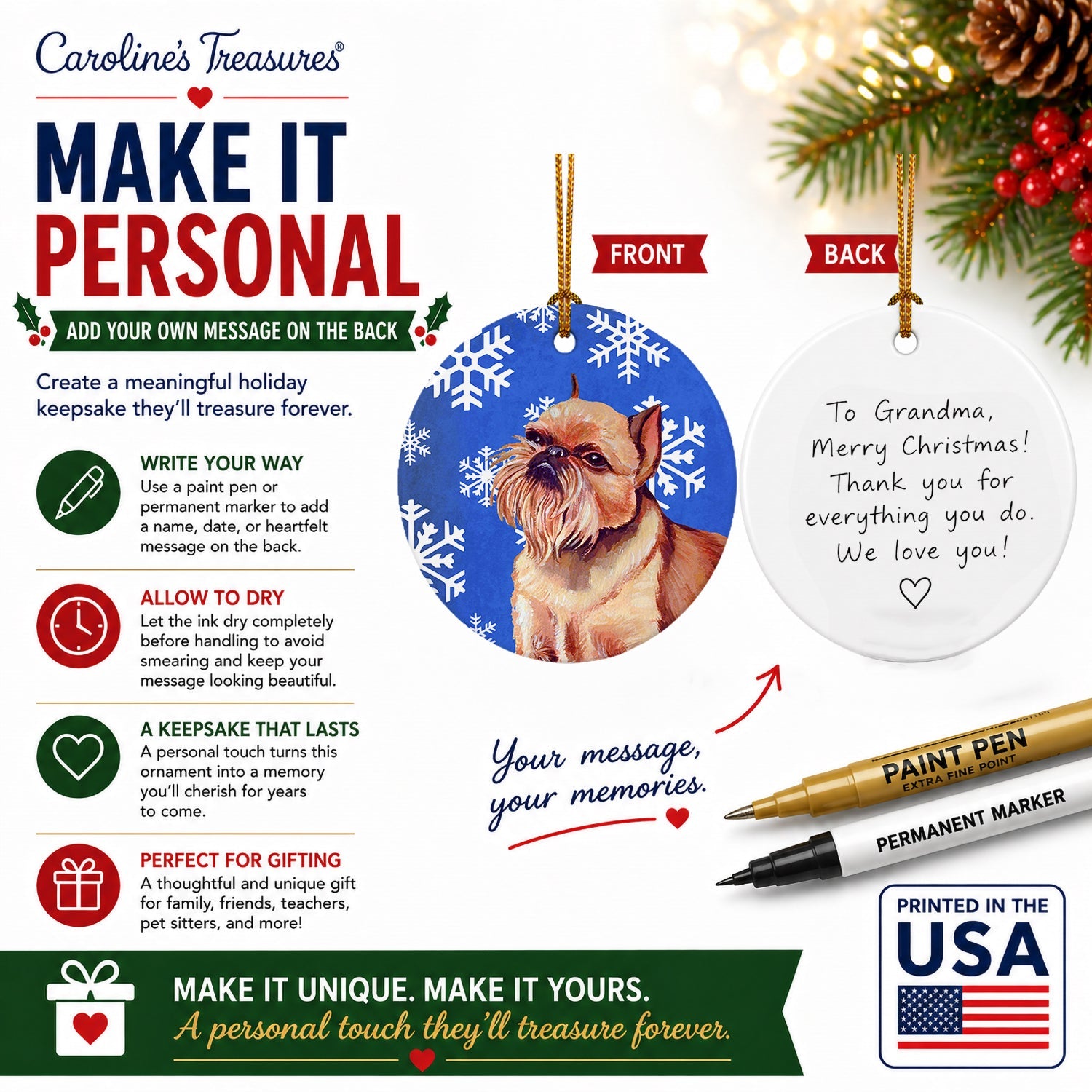 Brussels Griffon Winter Snowflakes Holiday Ceramic Ornament Christmas Tree Hanging Decorations for Home Christmas Holiday, Party, Gift, 3 in, Multicolor