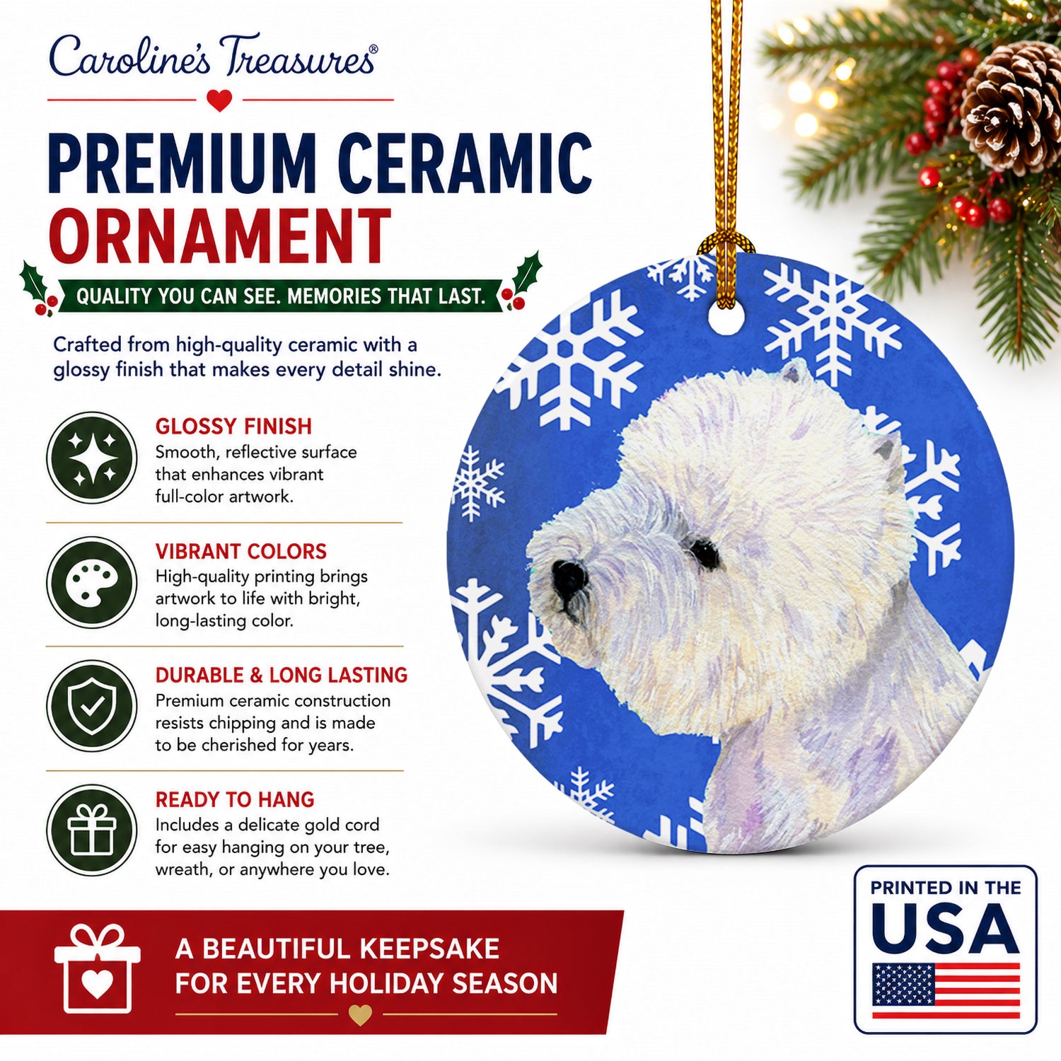 Westie Winter Snowflakes Holiday Ceramic Ornament Christmas Tree Hanging Decorations for Home Christmas Holiday, Party, Gift, 3 in, Multicolor