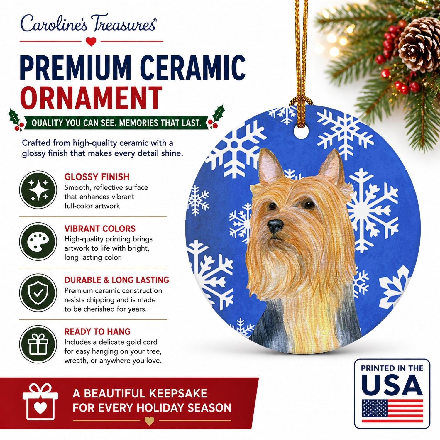 Silky Terrier Winter Snowflakes Holiday Ceramic Ornament Christmas Tree Hanging Decorations for Home Christmas Holiday, Party, Gift, 3 in, Multicolor