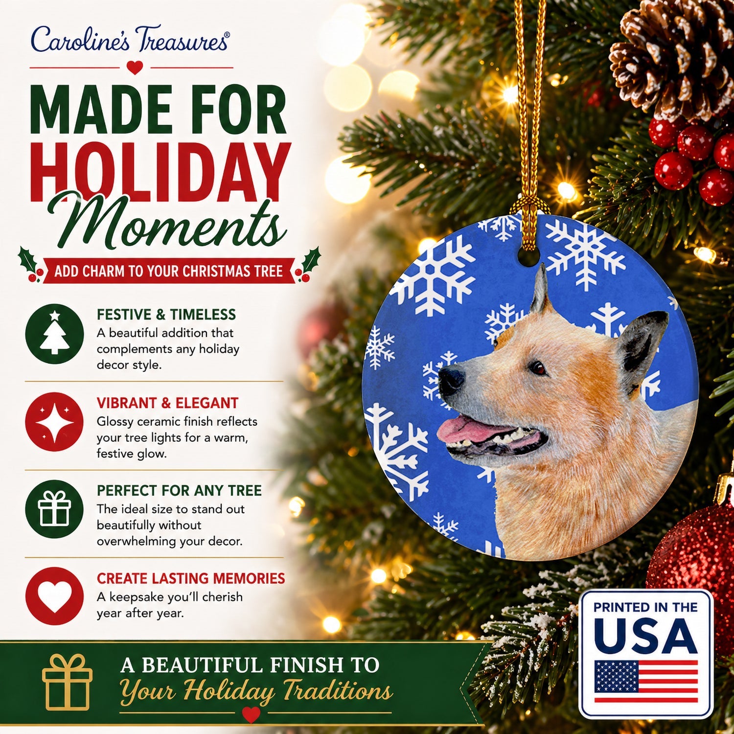 Australian Cattle Dog Winter Snowflakes Holiday Ceramic Ornament Christmas Tree Hanging Decorations for Home Christmas Holiday, Party, Gift, 3 in, Multicolor