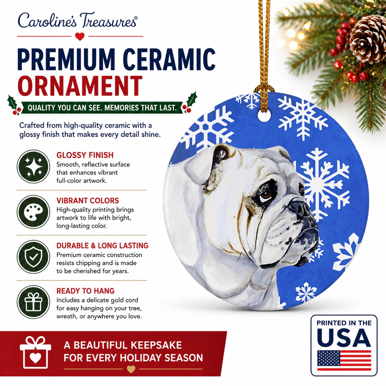 Bulldog English Winter Snowflakes Holiday Ceramic Ornament Christmas Tree Hanging Decorations for Home Christmas Holiday, Party, Gift, 3 in, Multicolor