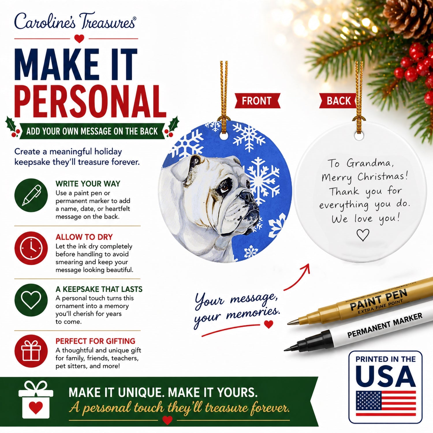 Bulldog English Winter Snowflakes Holiday Ceramic Ornament Christmas Tree Hanging Decorations for Home Christmas Holiday, Party, Gift, 3 in, Multicolor