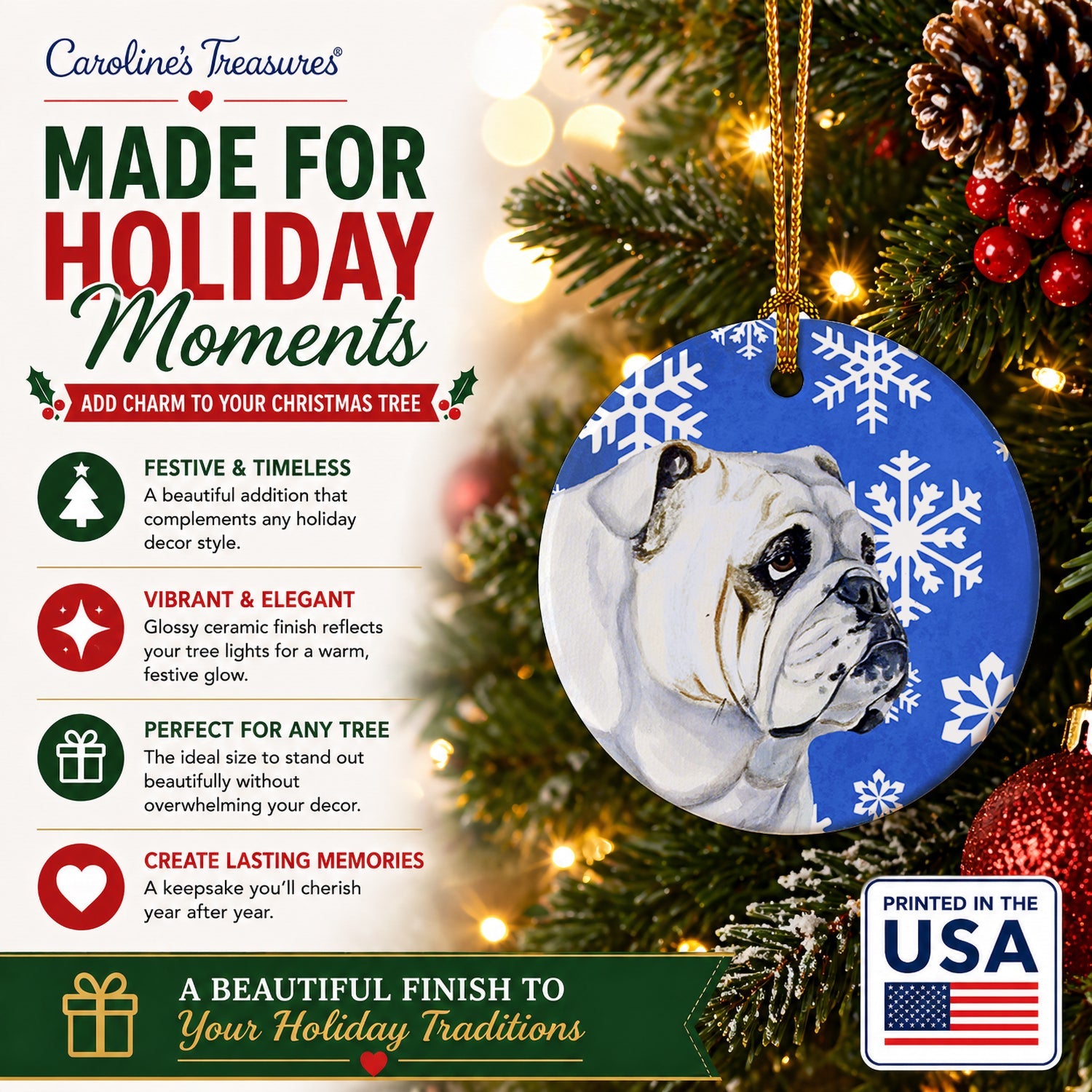 Bulldog English Winter Snowflakes Holiday Ceramic Ornament Christmas Tree Hanging Decorations for Home Christmas Holiday, Party, Gift, 3 in, Multicolor