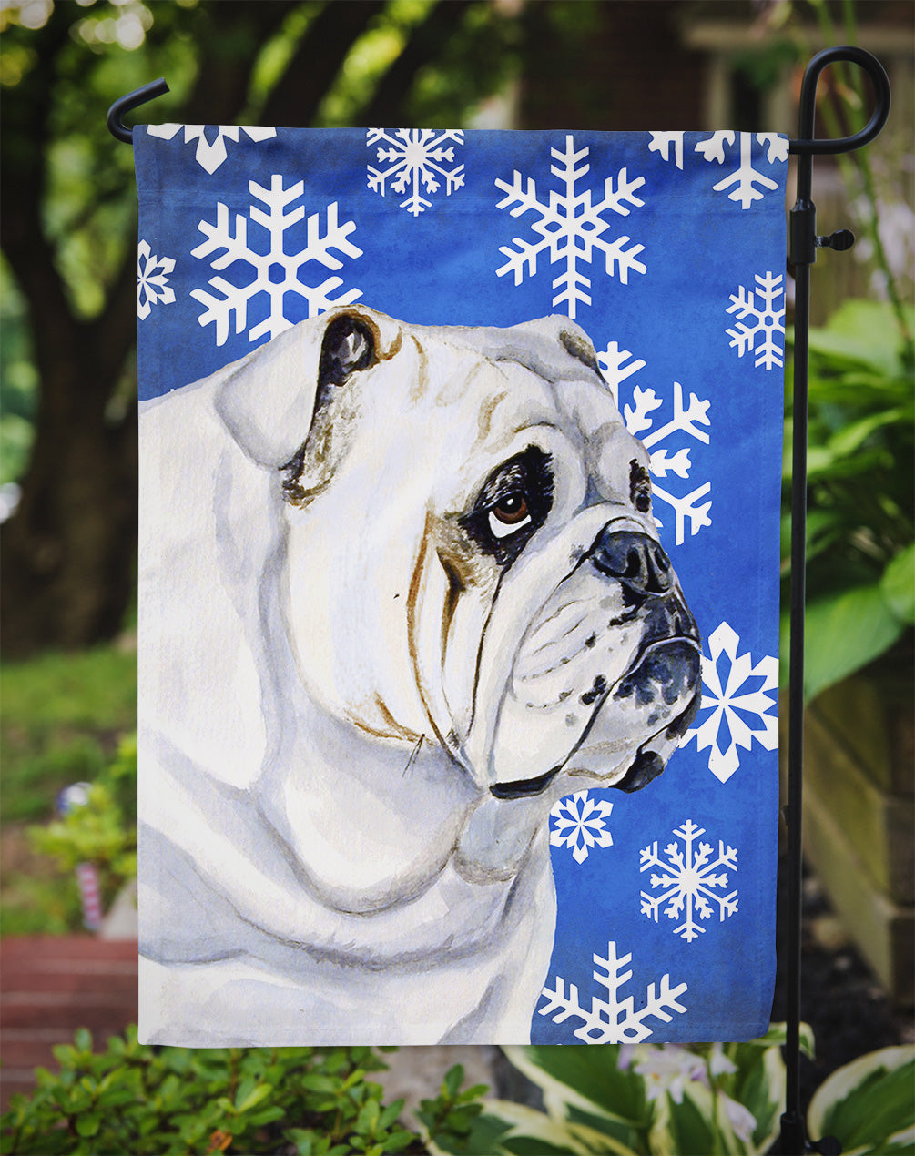 Bulldog English Winter Snowflakes Holiday Garden Flag Mailbox Decorative Yard Banner Outside Patio Artwork for Flower Beds, Garden Size, Multicolor