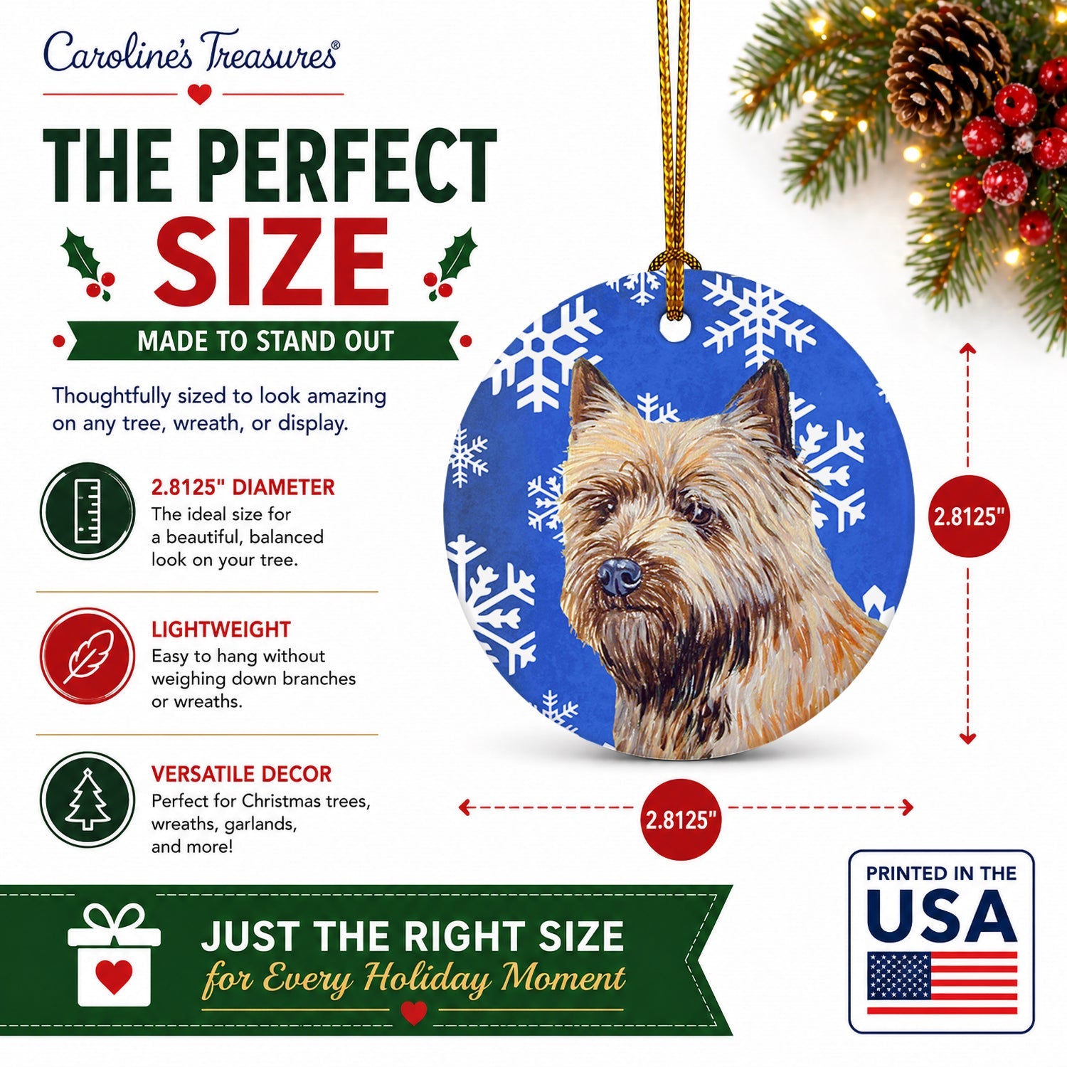 Cairn Terrier Winter Snowflakes Holiday Ceramic Ornament Christmas Tree Hanging Decorations for Home Christmas Holiday, Party, Gift, 3 in, Multicolor