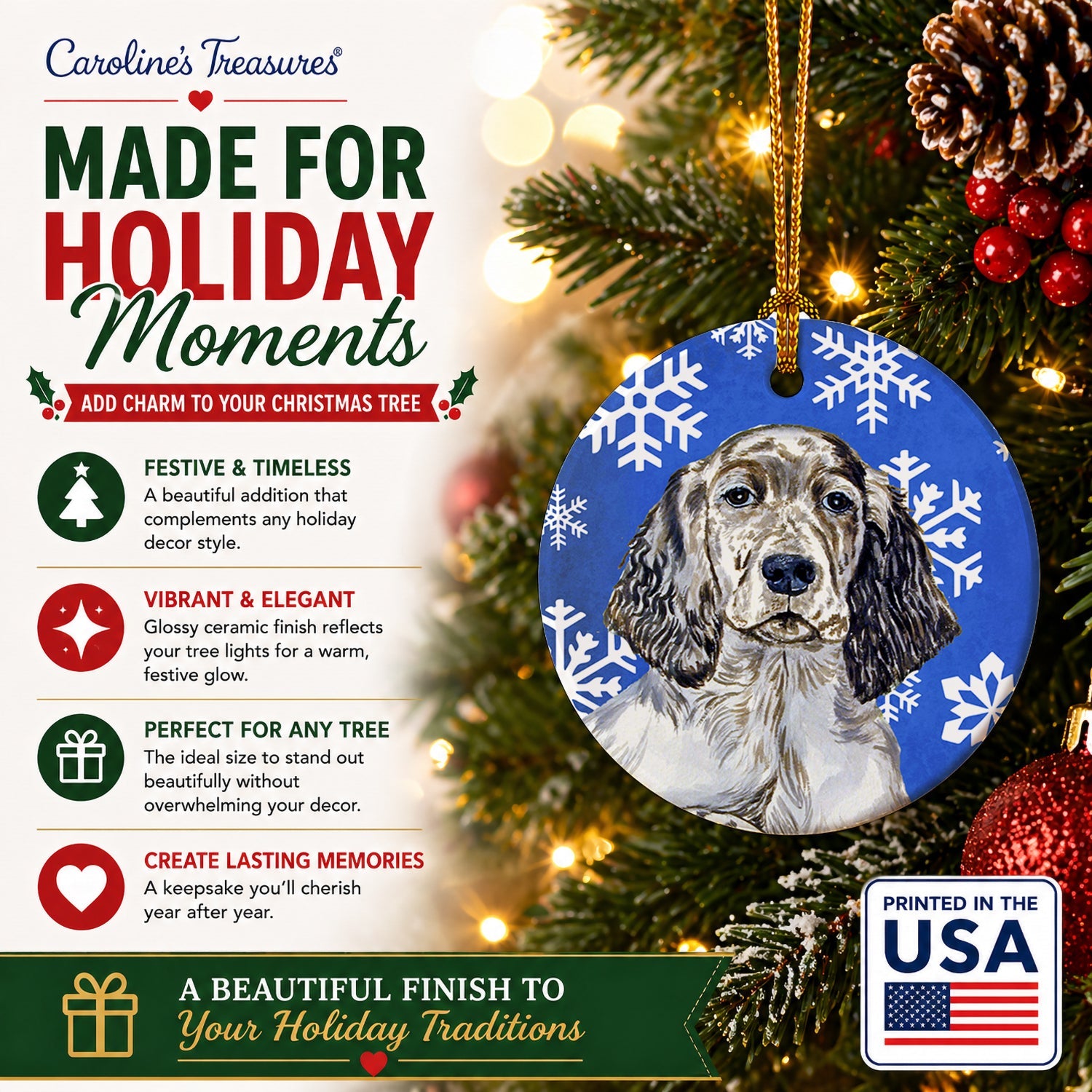 English Setter Winter Snowflakes Holiday Ceramic Ornament Christmas Tree Hanging Decorations for Home Christmas Holiday, Party, Gift, 3 in, Multicolor