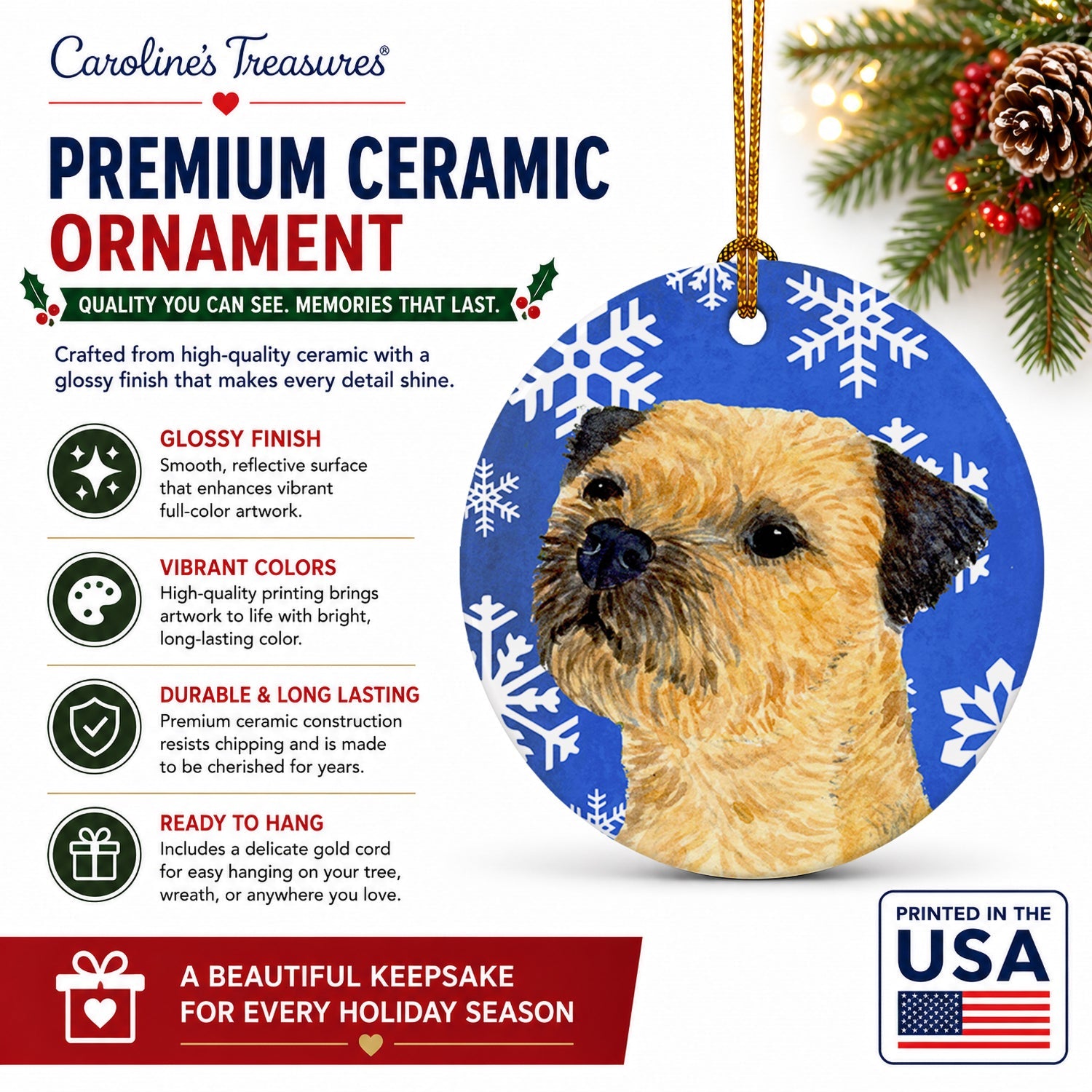 Border Terrier Winter Snowflakes Holiday Ceramic Ornament Christmas Tree Hanging Decorations for Home Christmas Holiday, Party, Gift, 3 in, Multicolor