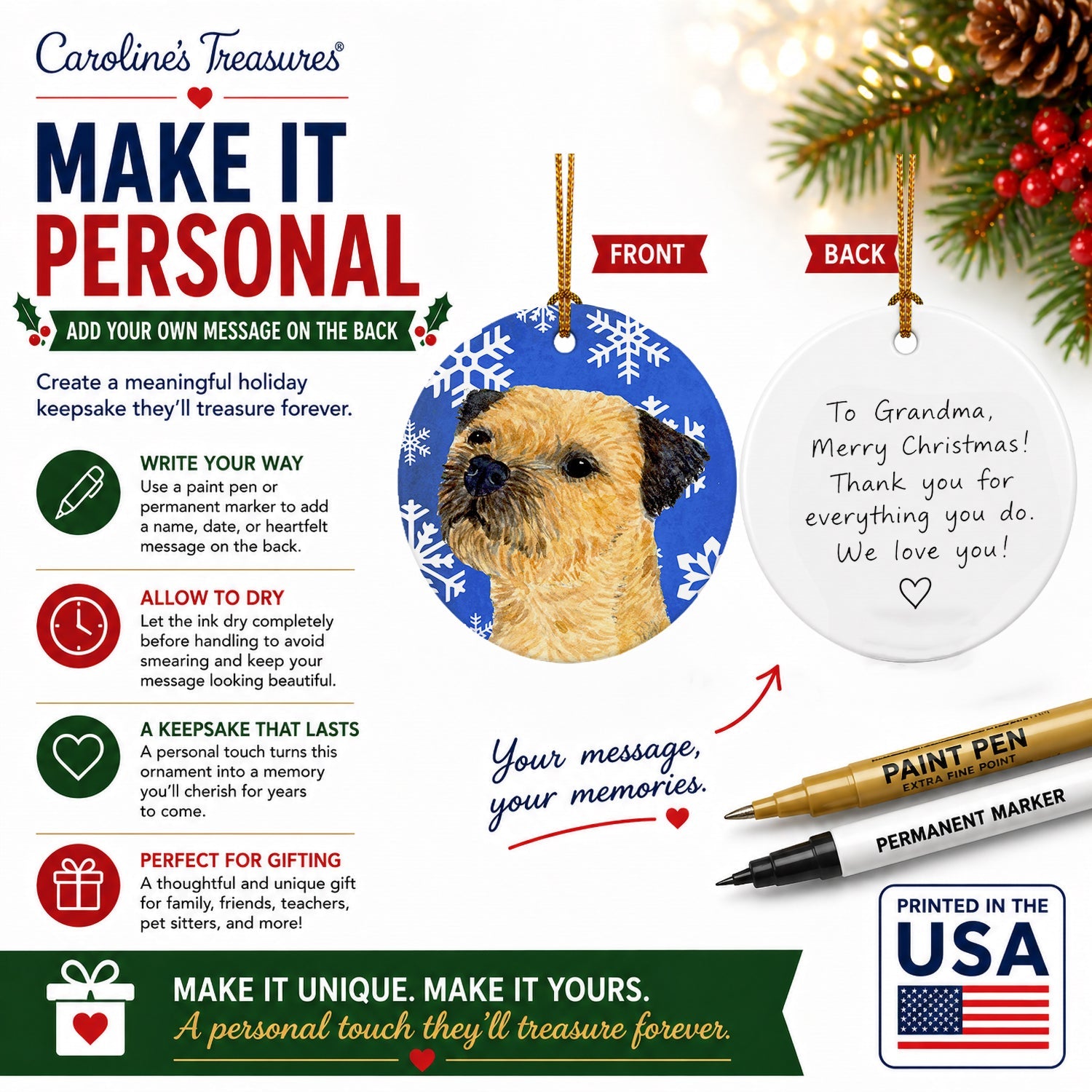Border Terrier Winter Snowflakes Holiday Ceramic Ornament Christmas Tree Hanging Decorations for Home Christmas Holiday, Party, Gift, 3 in, Multicolor