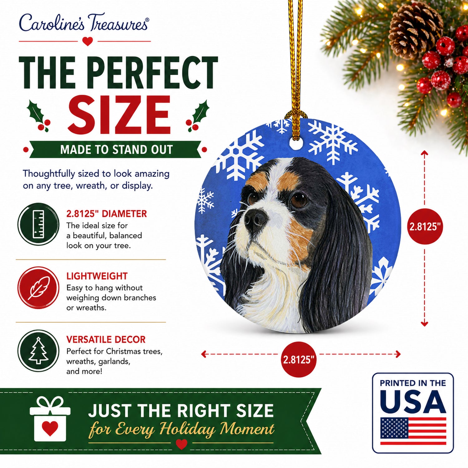 Cavalier Spaniel Winter Snowflakes Holiday Ceramic Ornament Christmas Tree Hanging Decorations for Home Christmas Holiday, Party, Gift, 3 in, Multicolor