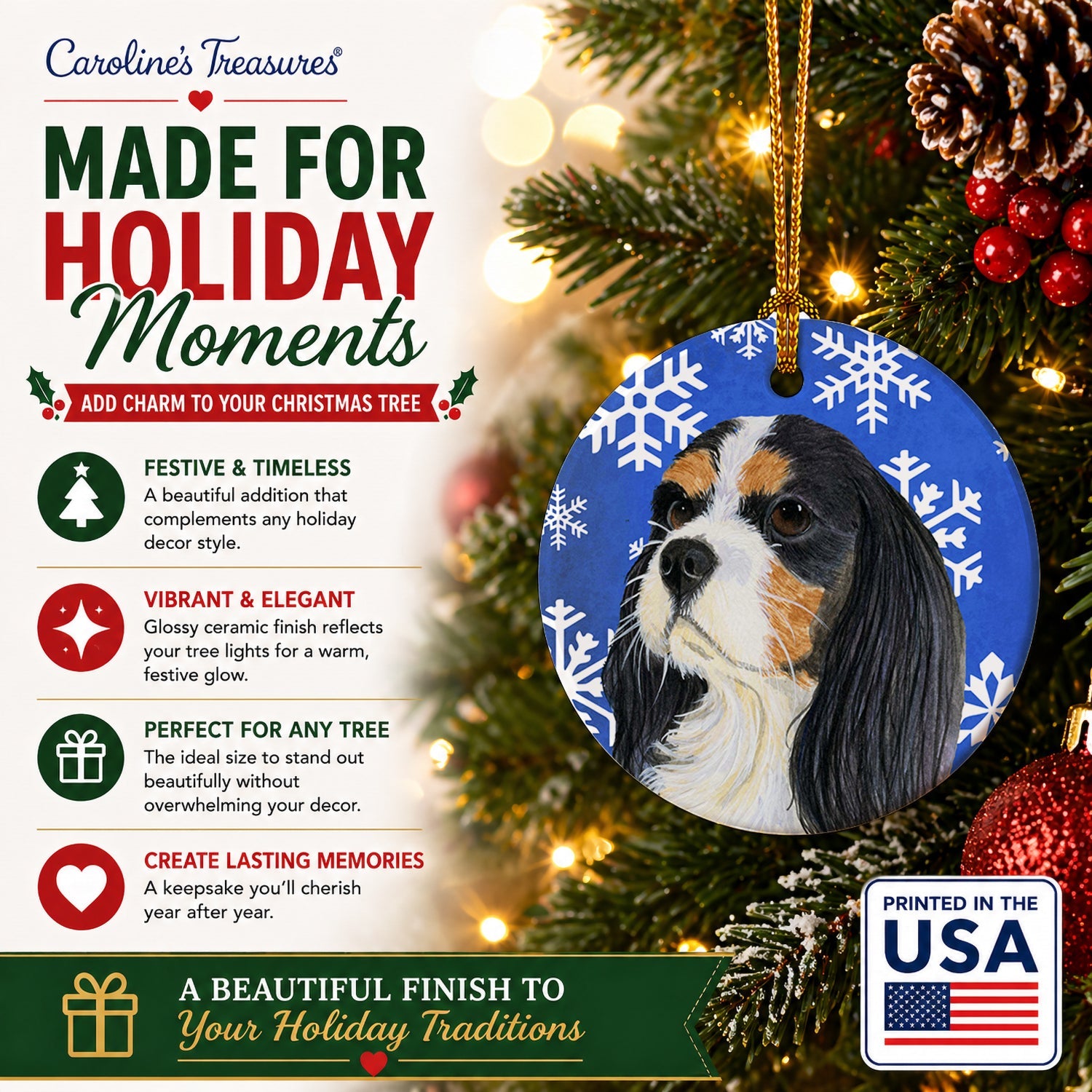 Cavalier Spaniel Winter Snowflakes Holiday Ceramic Ornament Christmas Tree Hanging Decorations for Home Christmas Holiday, Party, Gift, 3 in, Multicolor