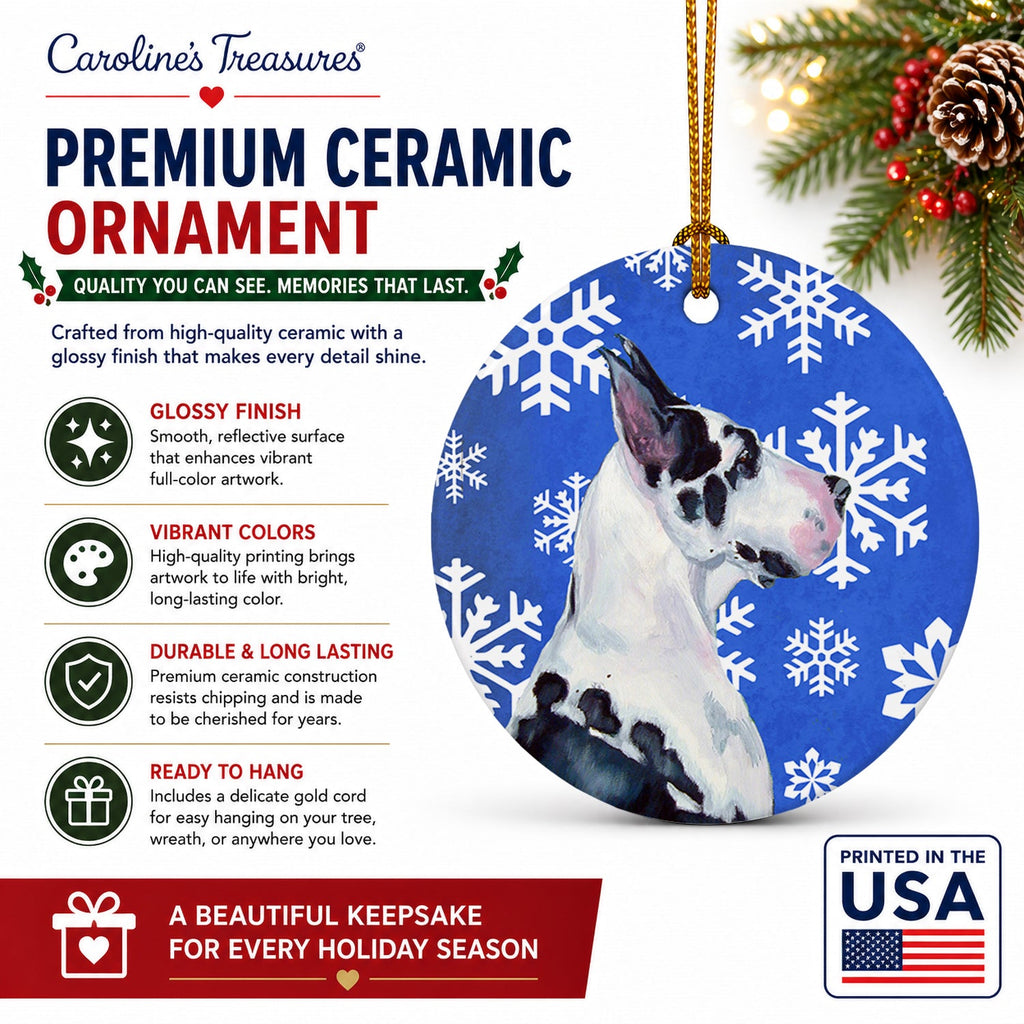 Great Dane Winter Snowflakes Holiday Ceramic Ornament Christmas Tree Hanging Decorations for Home Christmas Holiday, Party, Gift, 3 in, Multicolor