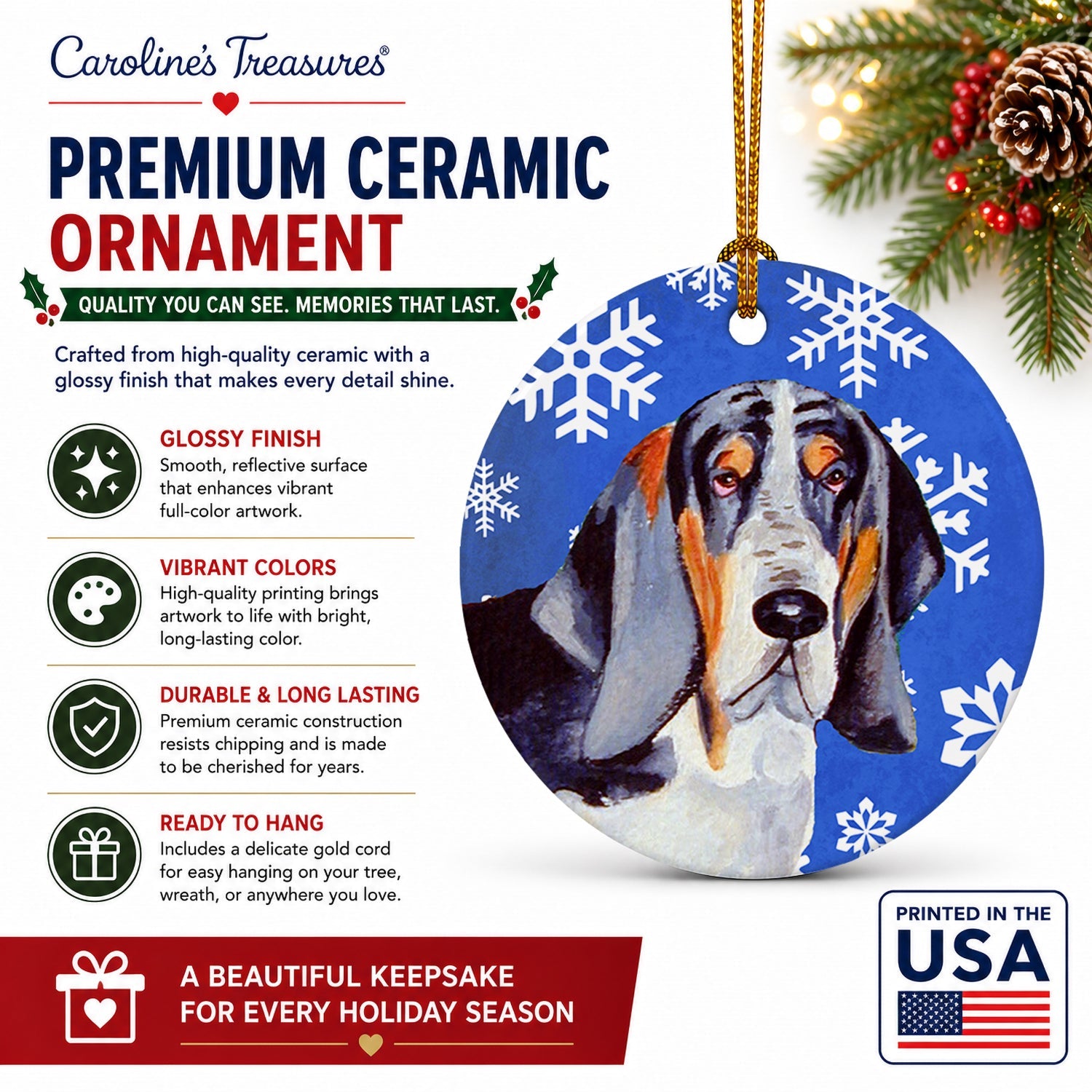Basset Hound Winter Snowflakes Holiday Ceramic Ornament Christmas Tree Hanging Decorations for Home Christmas Holiday, Party, Gift, 3 in, Multicolor