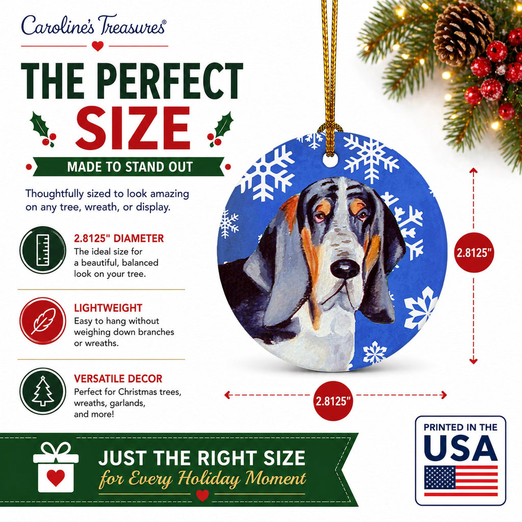 Basset Hound Winter Snowflakes Holiday Ceramic Ornament Christmas Tree Hanging Decorations for Home Christmas Holiday, Party, Gift, 3 in, Multicolor