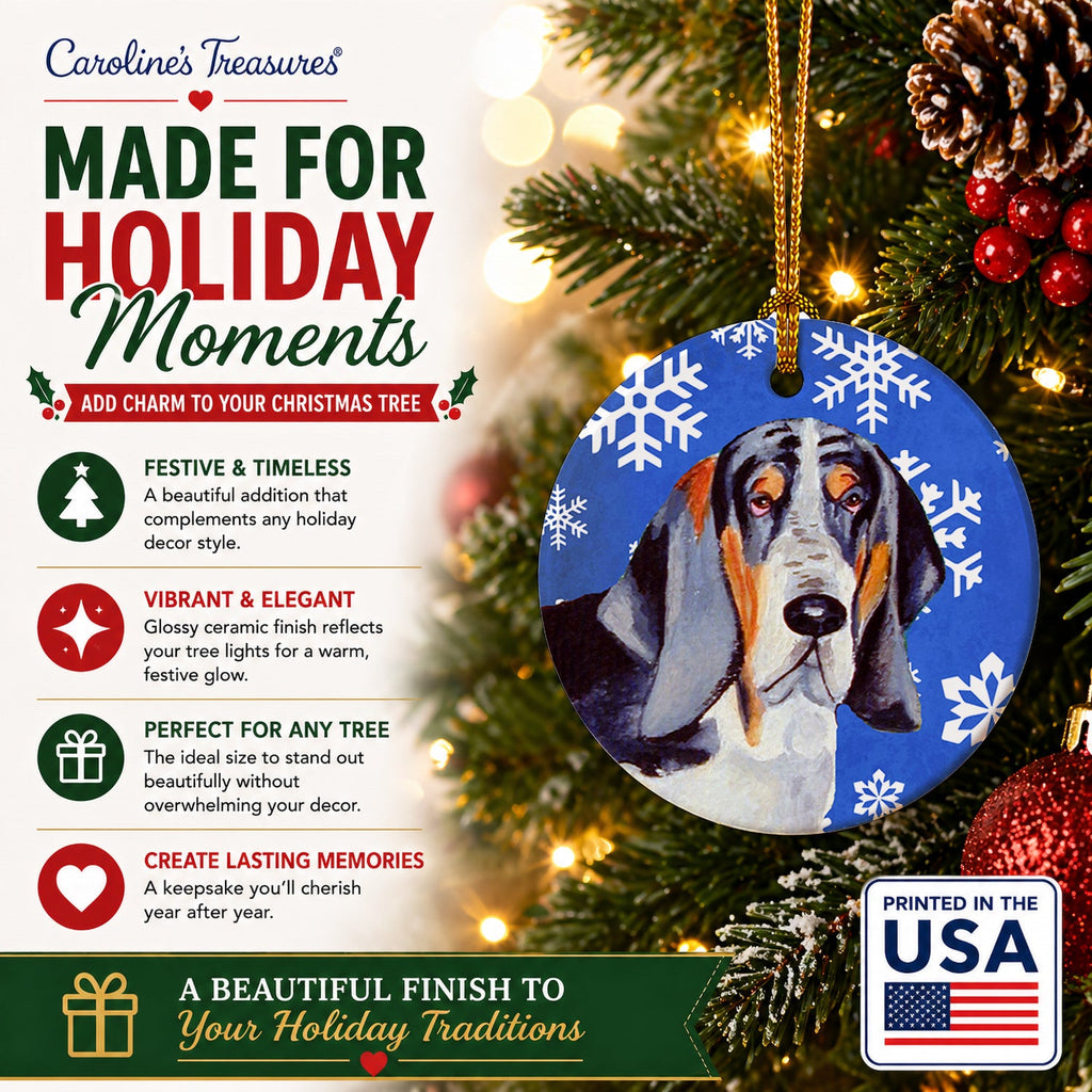 Basset Hound Winter Snowflakes Holiday Ceramic Ornament Christmas Tree Hanging Decorations for Home Christmas Holiday, Party, Gift, 3 in, Multicolor