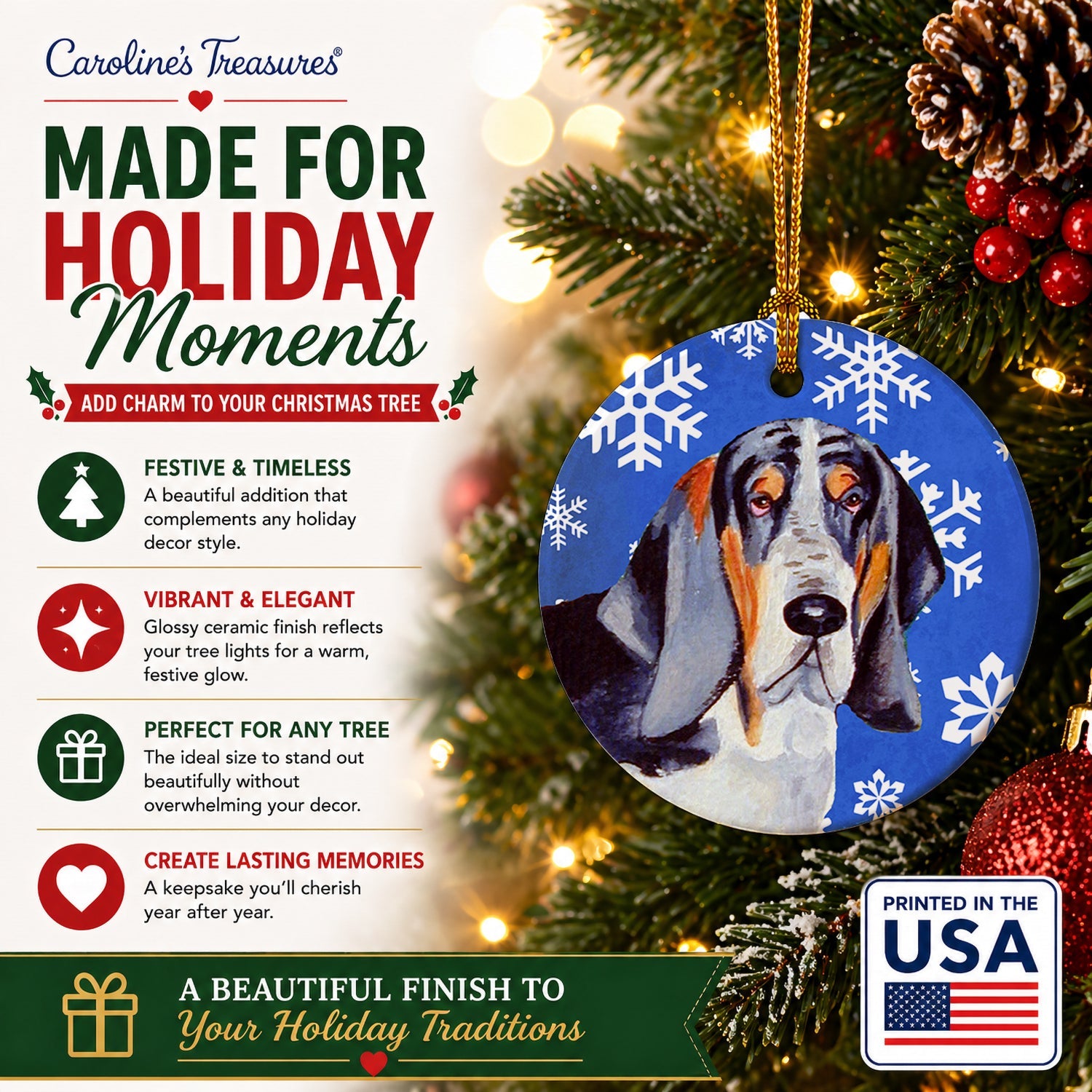 Basset Hound Winter Snowflakes Holiday Ceramic Ornament Christmas Tree Hanging Decorations for Home Christmas Holiday, Party, Gift, 3 in, Multicolor