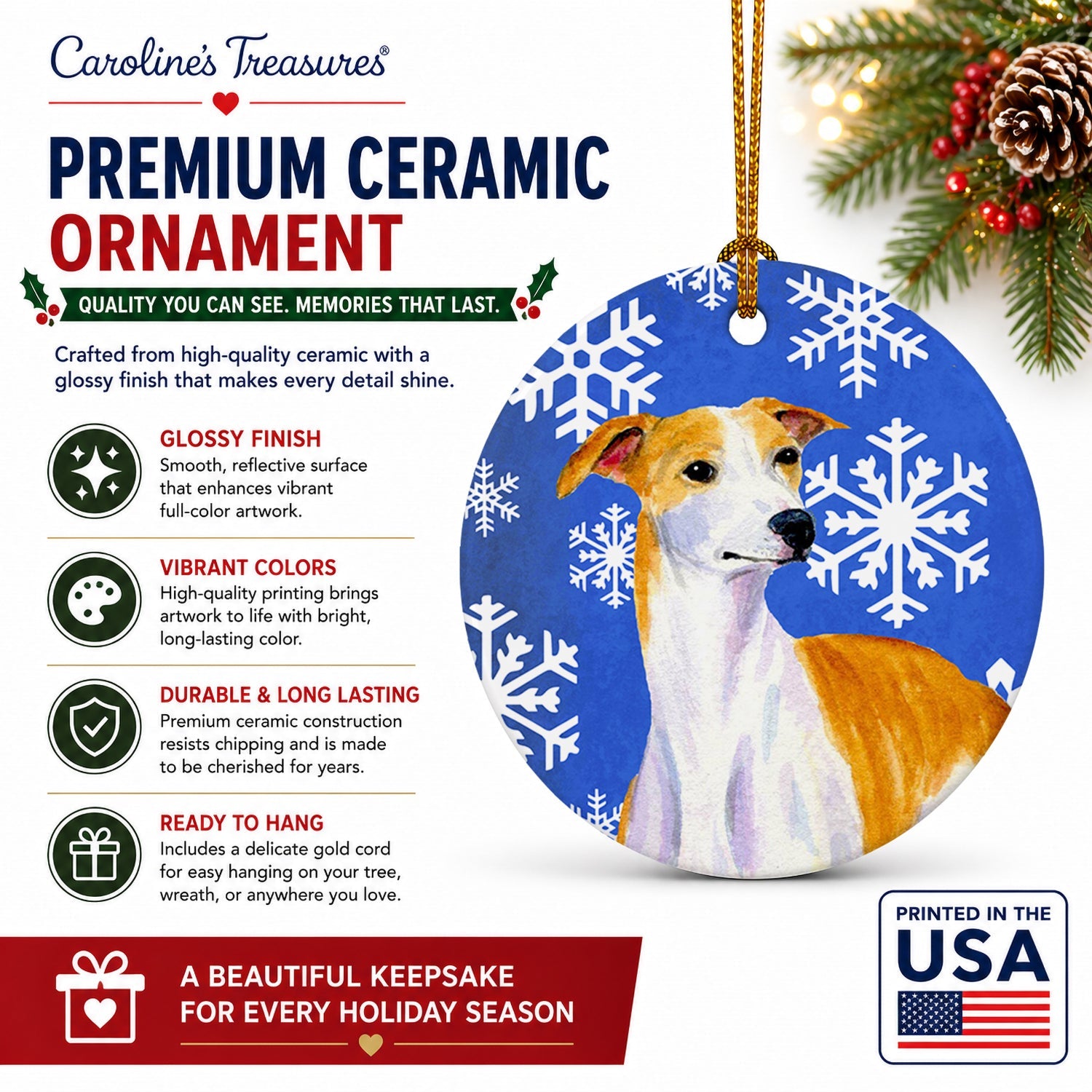 Whippet Winter Snowflakes Holiday Ceramic Ornament Christmas Tree Hanging Decorations for Home Christmas Holiday, Party, Gift, 3 in, Multicolor