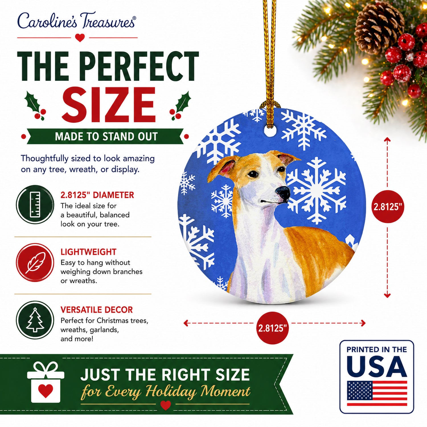 Whippet Winter Snowflakes Holiday Ceramic Ornament Christmas Tree Hanging Decorations for Home Christmas Holiday, Party, Gift, 3 in, Multicolor