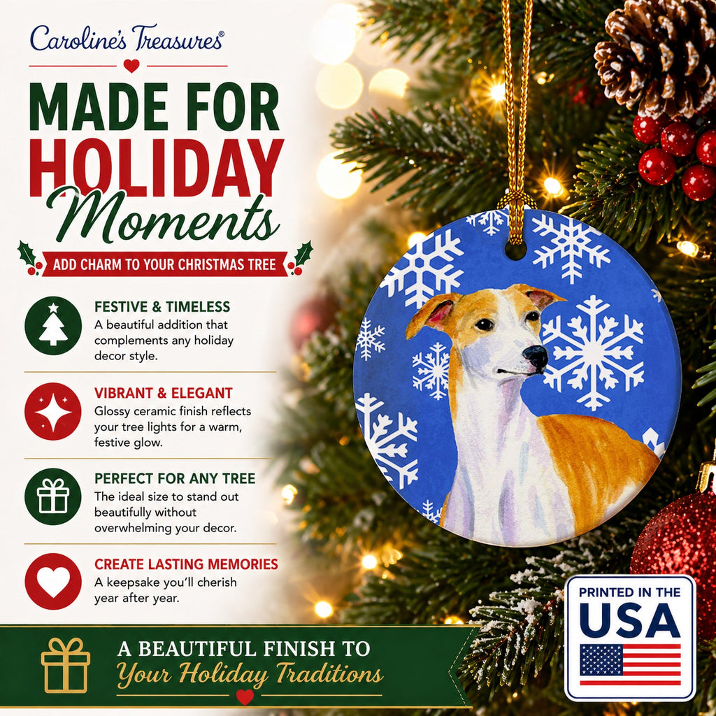 Whippet Winter Snowflakes Holiday Ceramic Ornament Christmas Tree Hanging Decorations for Home Christmas Holiday, Party, Gift, 3 in, Multicolor