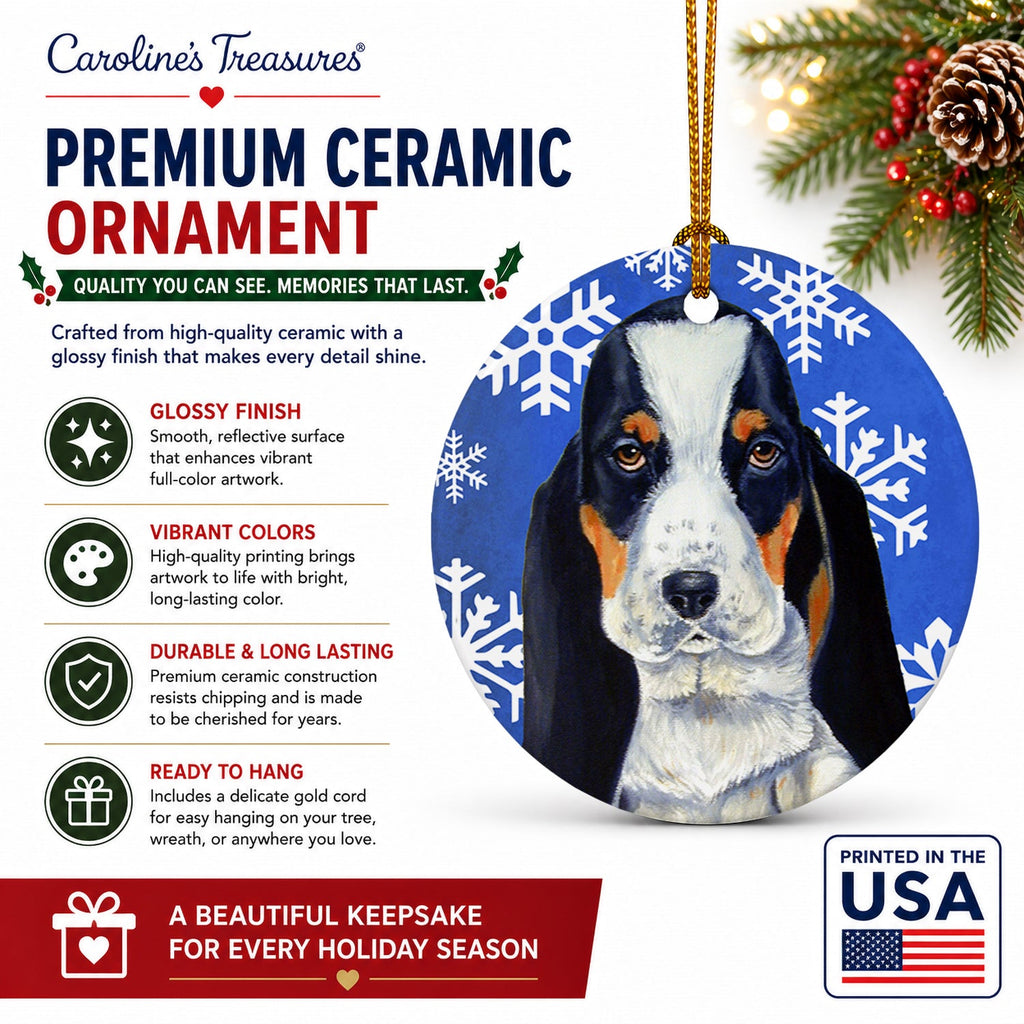 Basset Hound Winter Snowflakes Holiday Ceramic Ornament Christmas Tree Hanging Decorations for Home Christmas Holiday, Party, Gift, 3 in, Multicolor