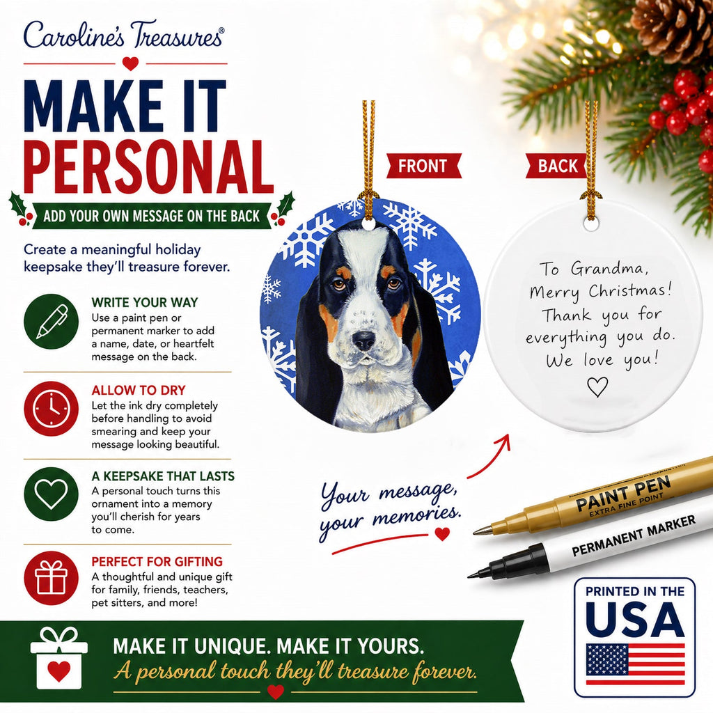 Basset Hound Winter Snowflakes Holiday Ceramic Ornament Christmas Tree Hanging Decorations for Home Christmas Holiday, Party, Gift, 3 in, Multicolor